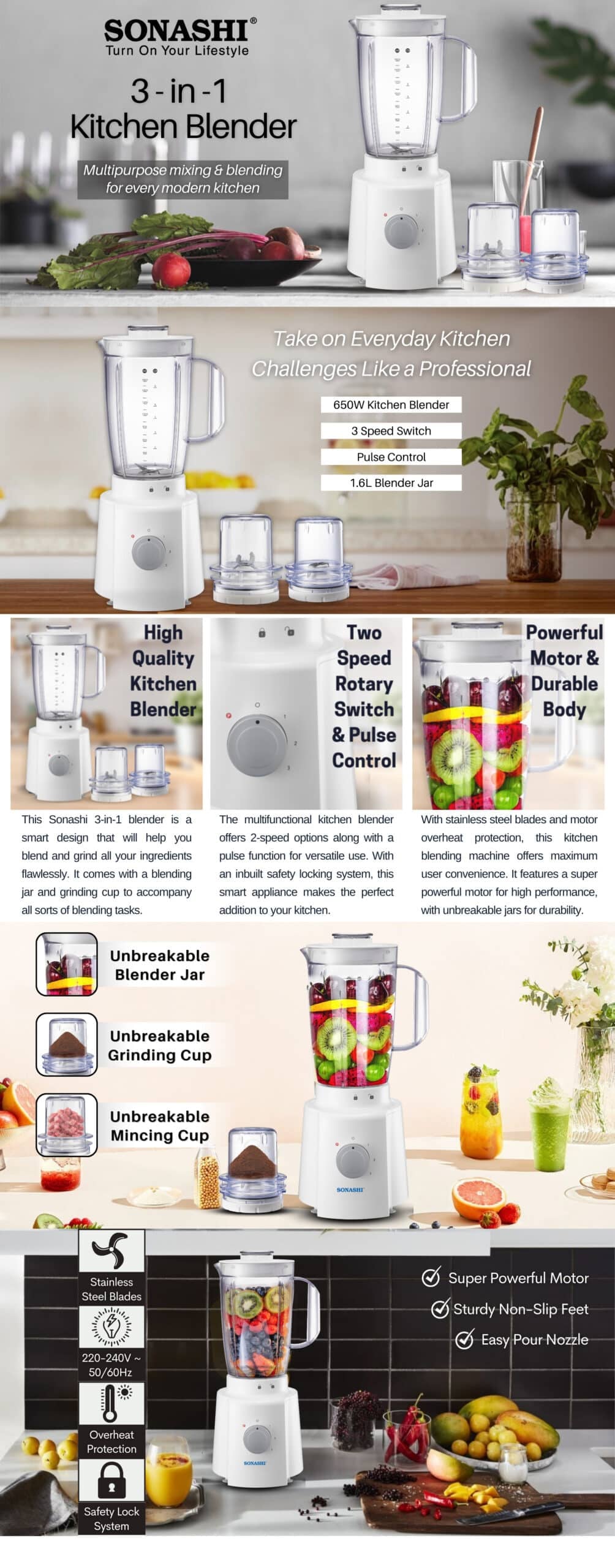 Sonashi 3-In-1 Jar And Mill Blender 1.6L 650W SB-133N White brochure