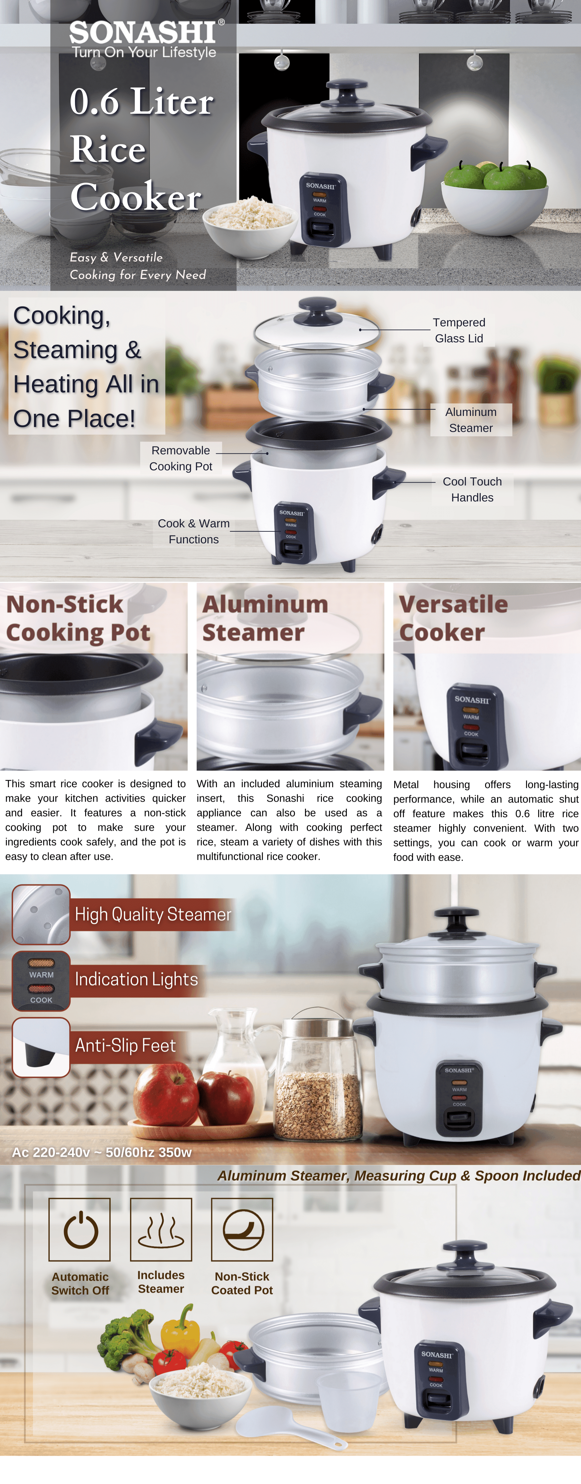 Sonashi Rice Cooker With Steamer 600 ml 350 W SRC-306 White/Grey brochure
