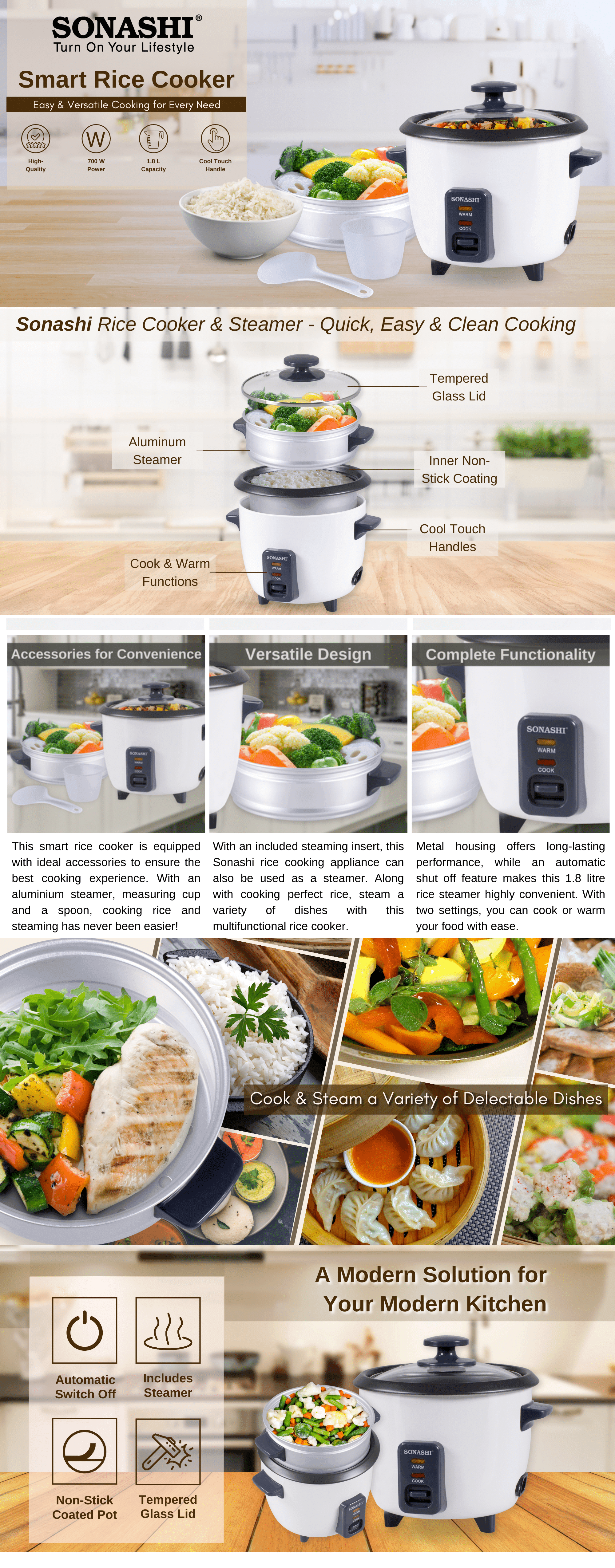 Sonashi Rice Cooker With Steamer 1.8 L 700 W SRC-318B Black/White brochure