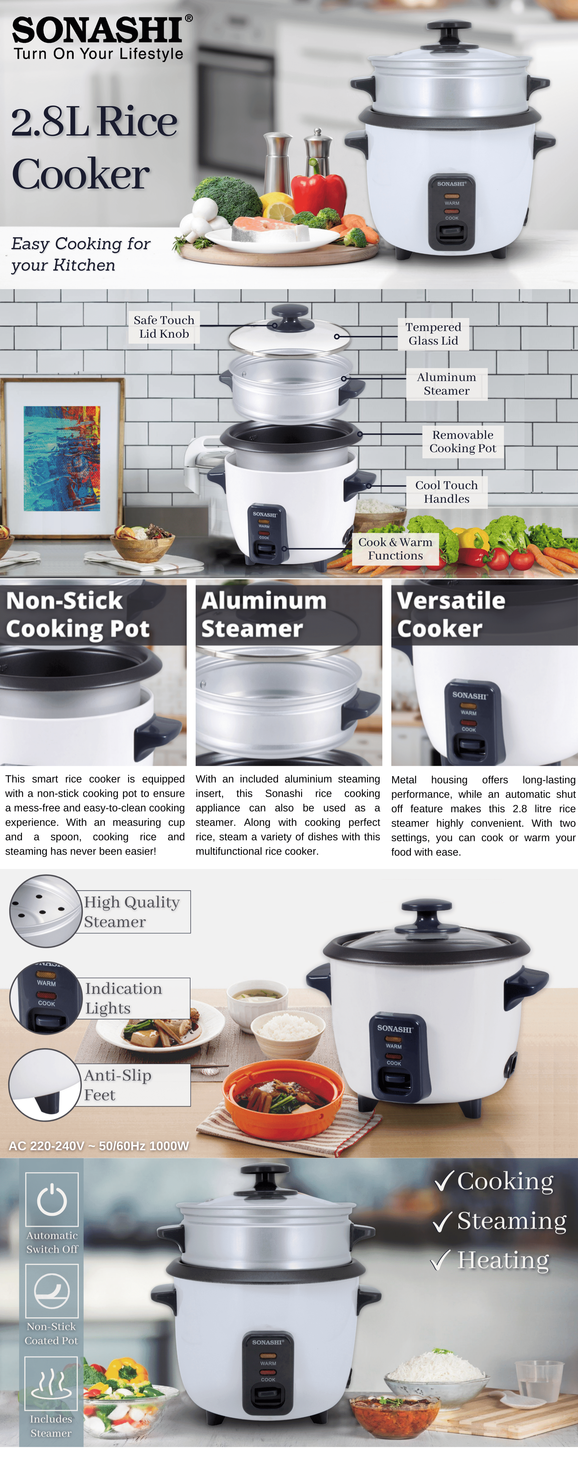 Sonashi Rice Cooker With Steamer 2.8 L 1000 W SRC-328 Black/White brochure