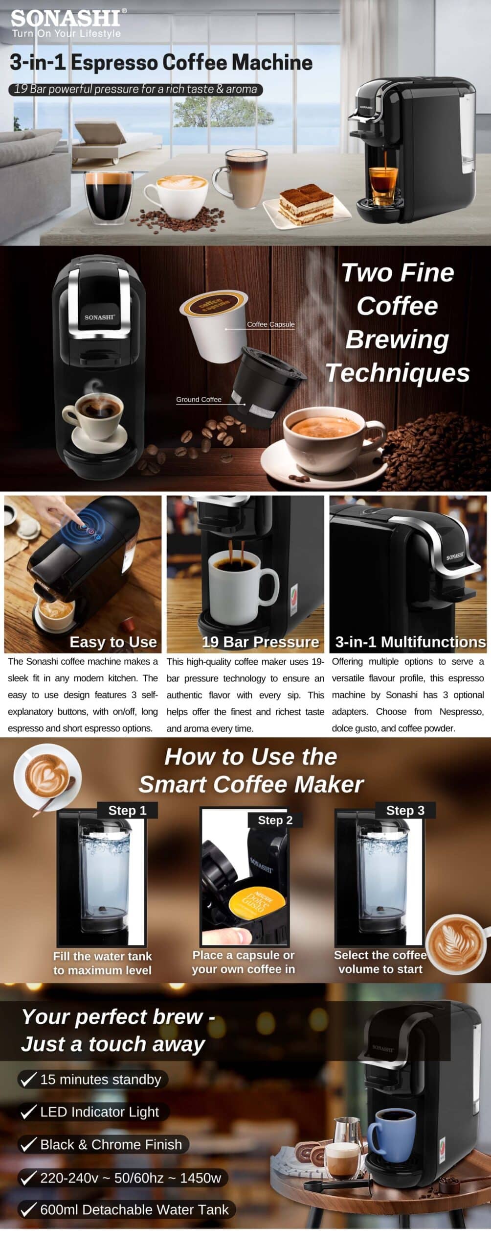 Sonashi 3-In-1 Multi-Capsule Espresso Coffee Machine 600ml 1450W SCM-4969 brochure