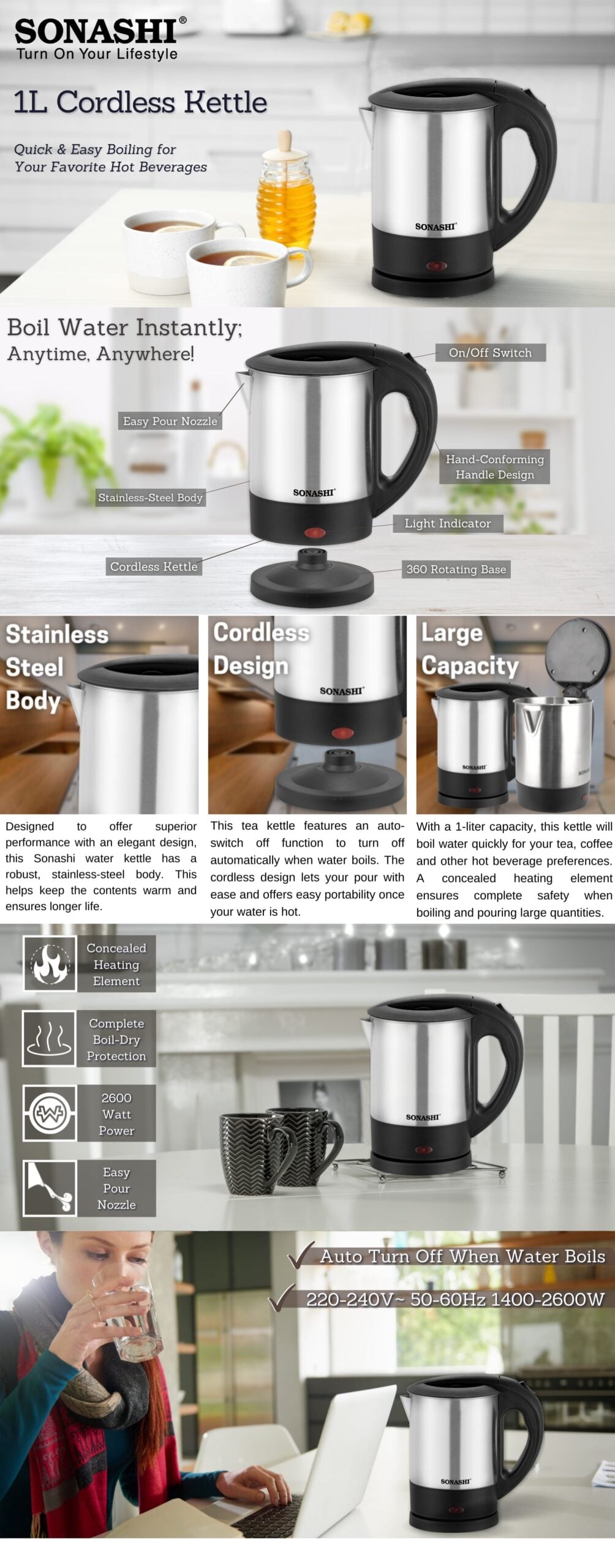 Sonashi 1 Litre Cordless Kettle SKT-1001 brochure