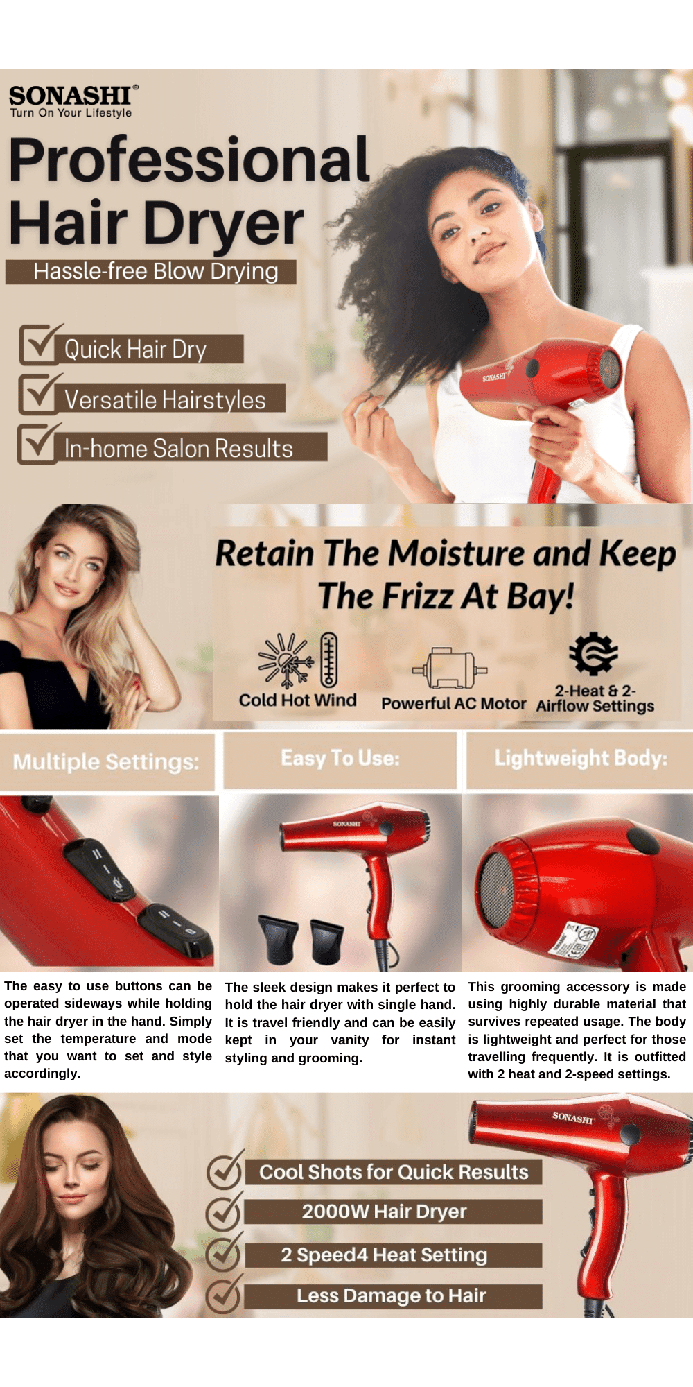 Sonashi 3-Piece Powerful 2000w Professional Hair Dryer With Nozzle Set SHD-3032 Black/Glossy Red brochure
