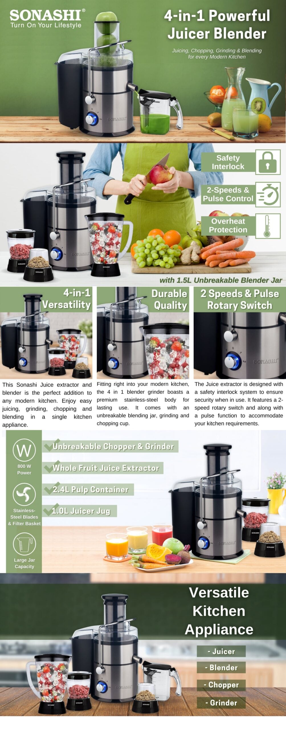 Sonashi 4 in 1 Powerful Juicer / Blender SJB-401N brochure