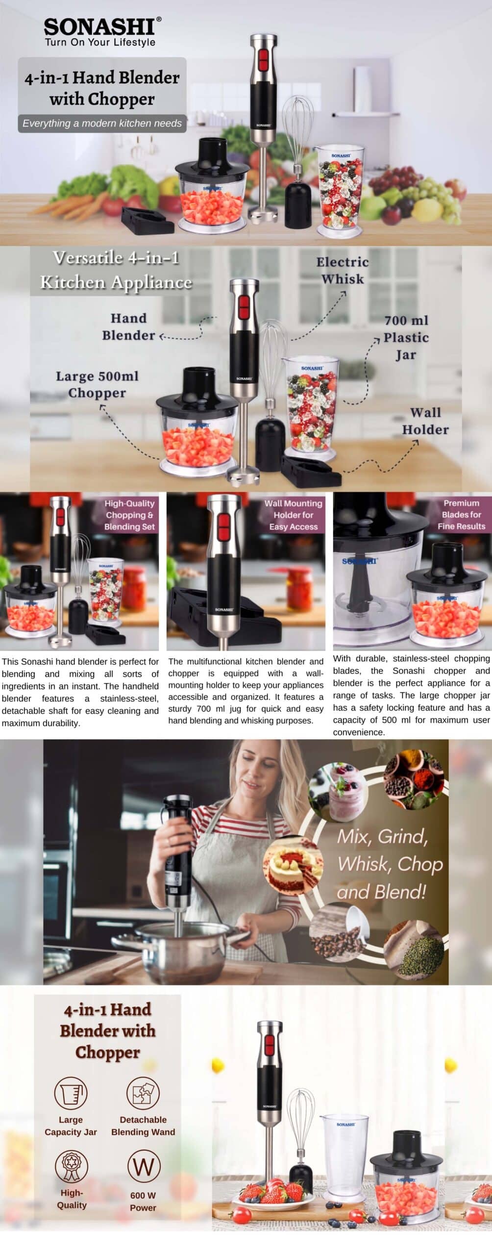 Sonashi 4 IN 1 Hand Blender with Chopper SHB-179JBCW brochure