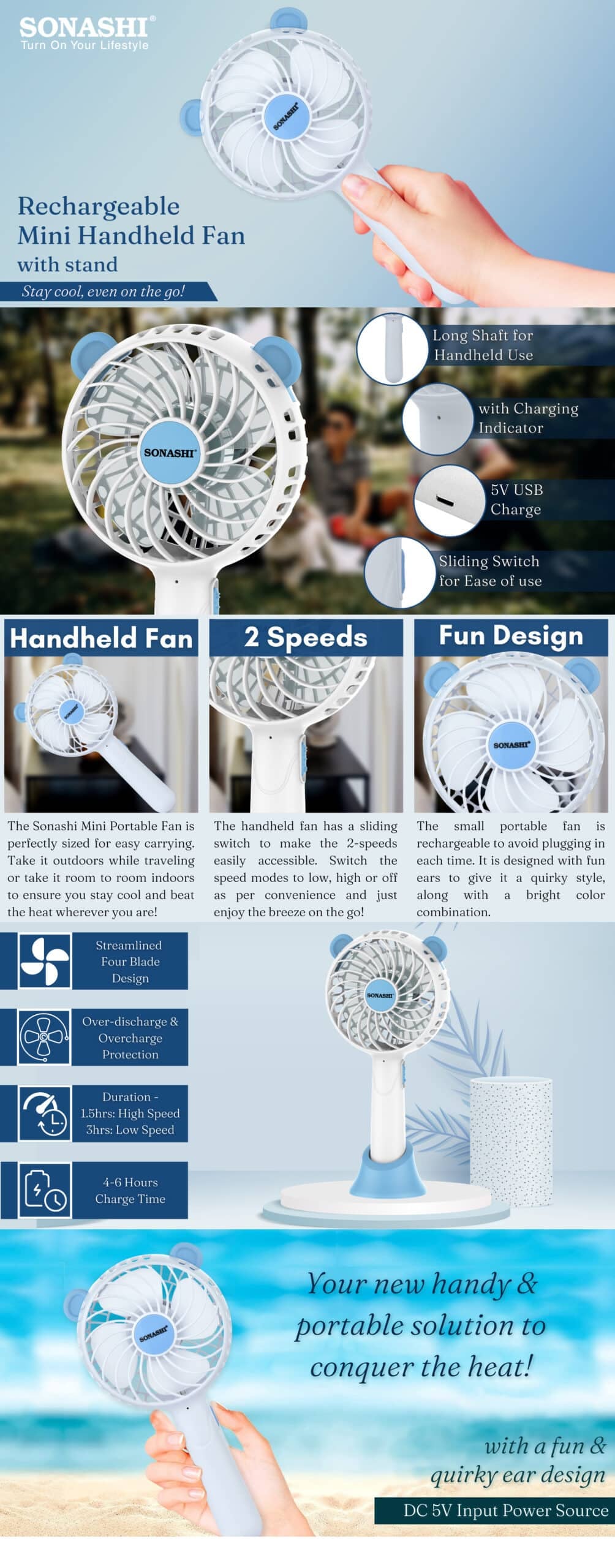 Sonashi 4-Inch Rechargeable Portable Handheld Mini Fan SRF-004 brochure