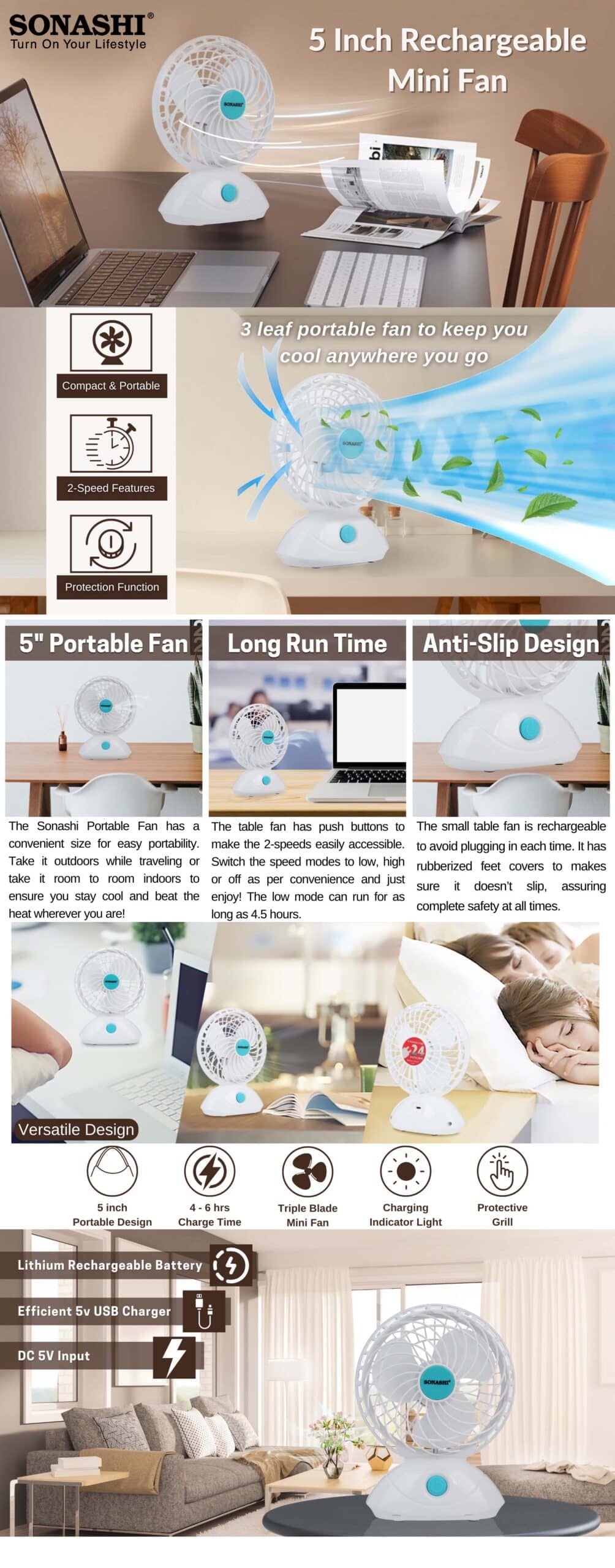 Sonashi 5-Inch Rechargeable Mini Fan SRF-015 brochure