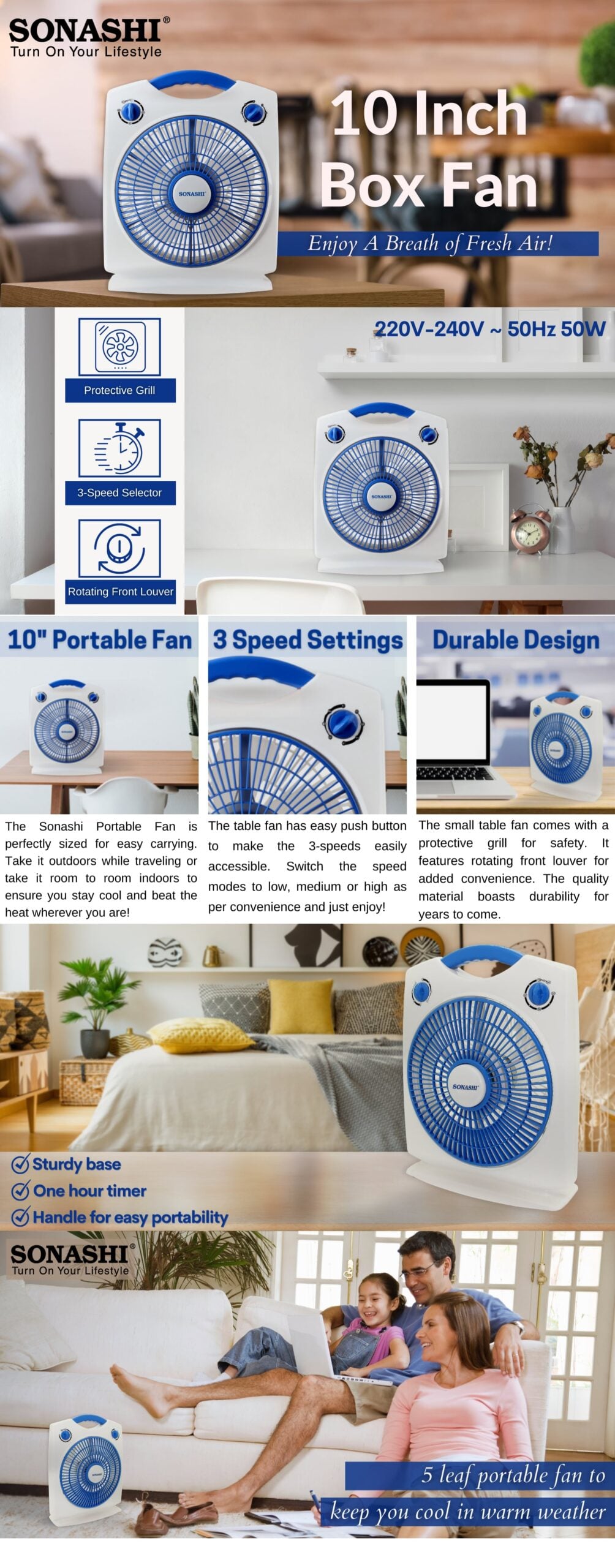 Sonashi 10-Inch Box Fan SBF-7030-Blue brochure