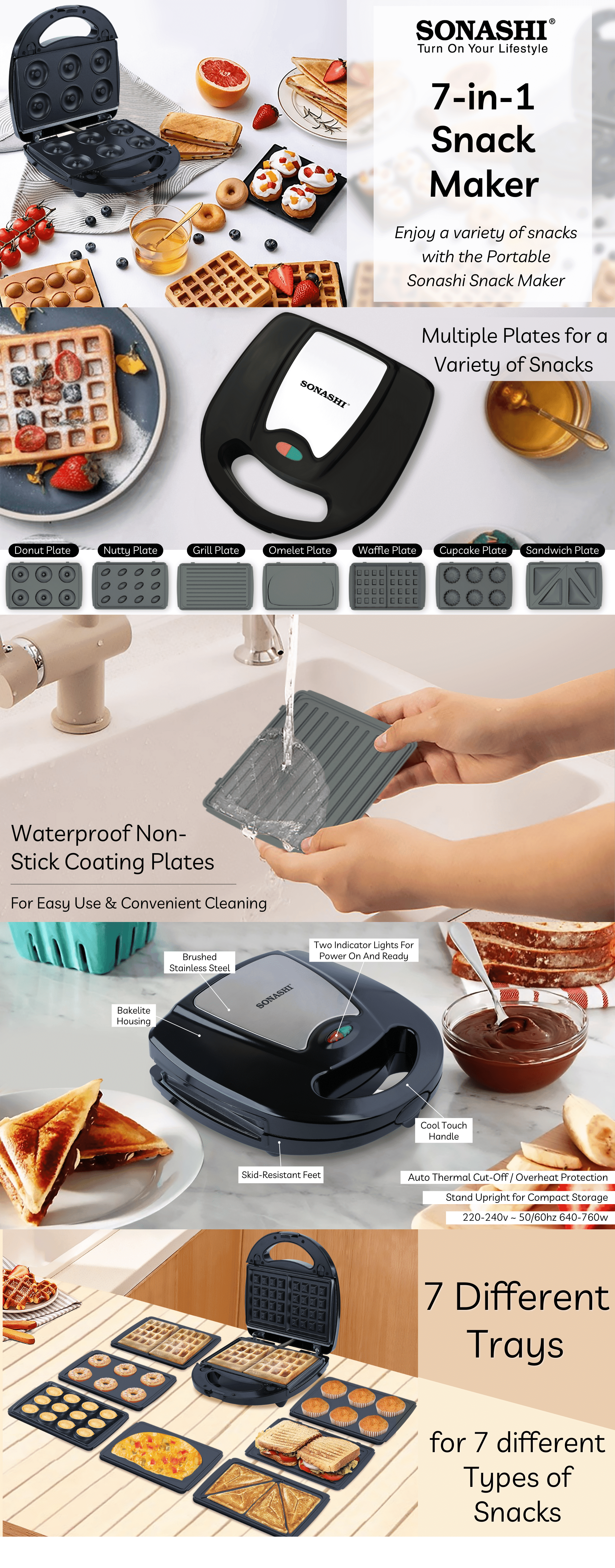 Sonashi 7-In-1 Non-Stick Multi Snacks Maker with Sandwich-Grill-Waffle-Donuts Detachable Plates 760 W SSM-862 Black brochure