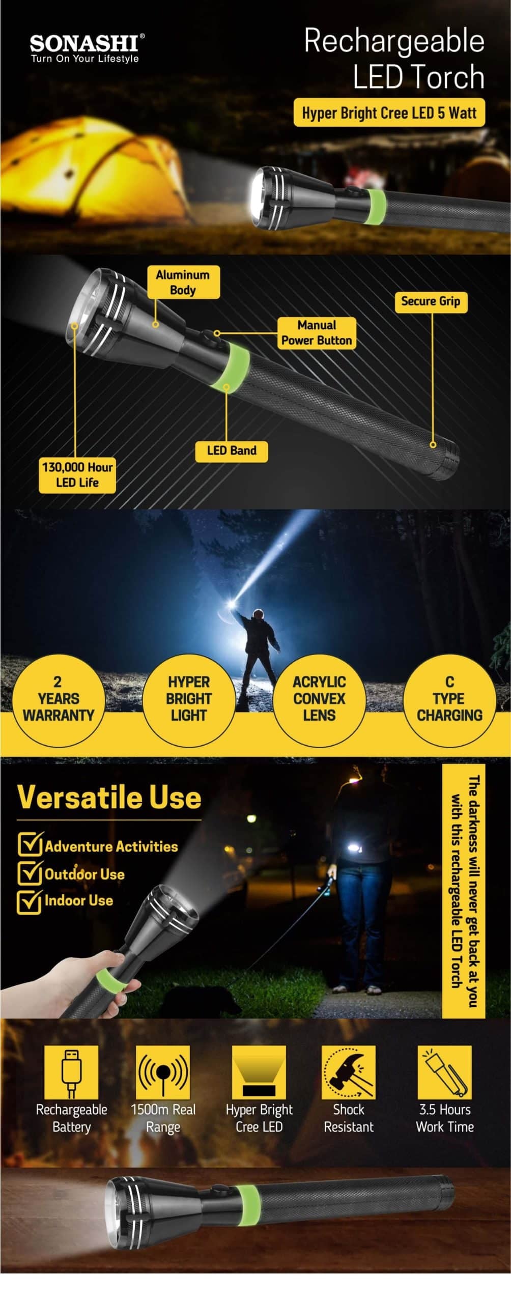 Sonashi Rechargeable LED Torch SLT-182 brochure