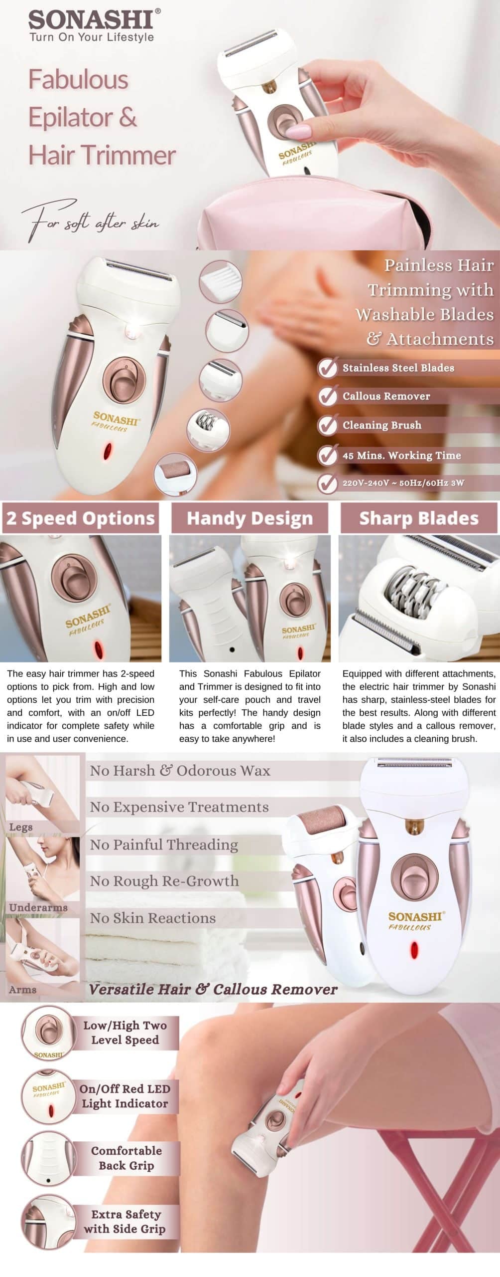 Sonashi Rechargeable 4 IN 1 Epilator, Trimmer, Shaver & Callous Remover SLD-824 brochure