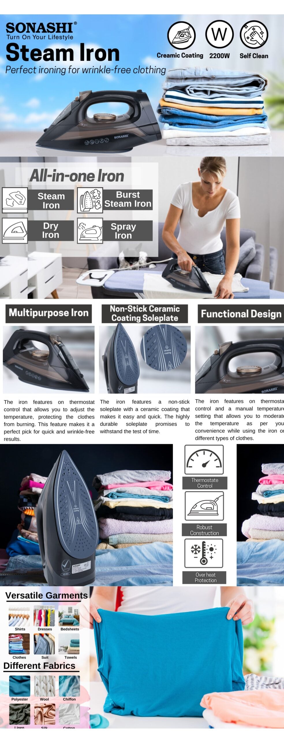 Sonashi Steam Iron with Variant Steam Options Ceramic Coating SI-5074N brochure