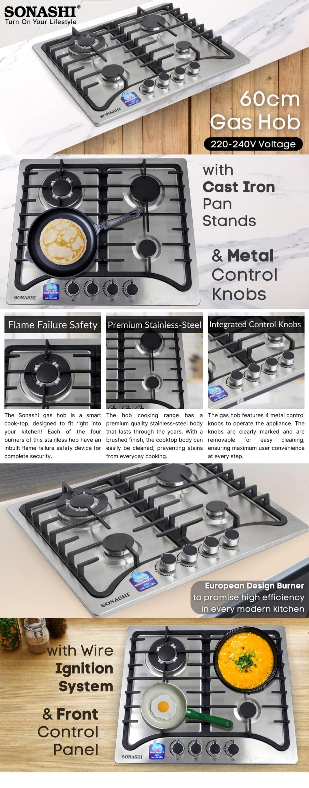 Sonashi Gas Hob 60Cms Hob With Front Control Panel SGH-401FFD brochure