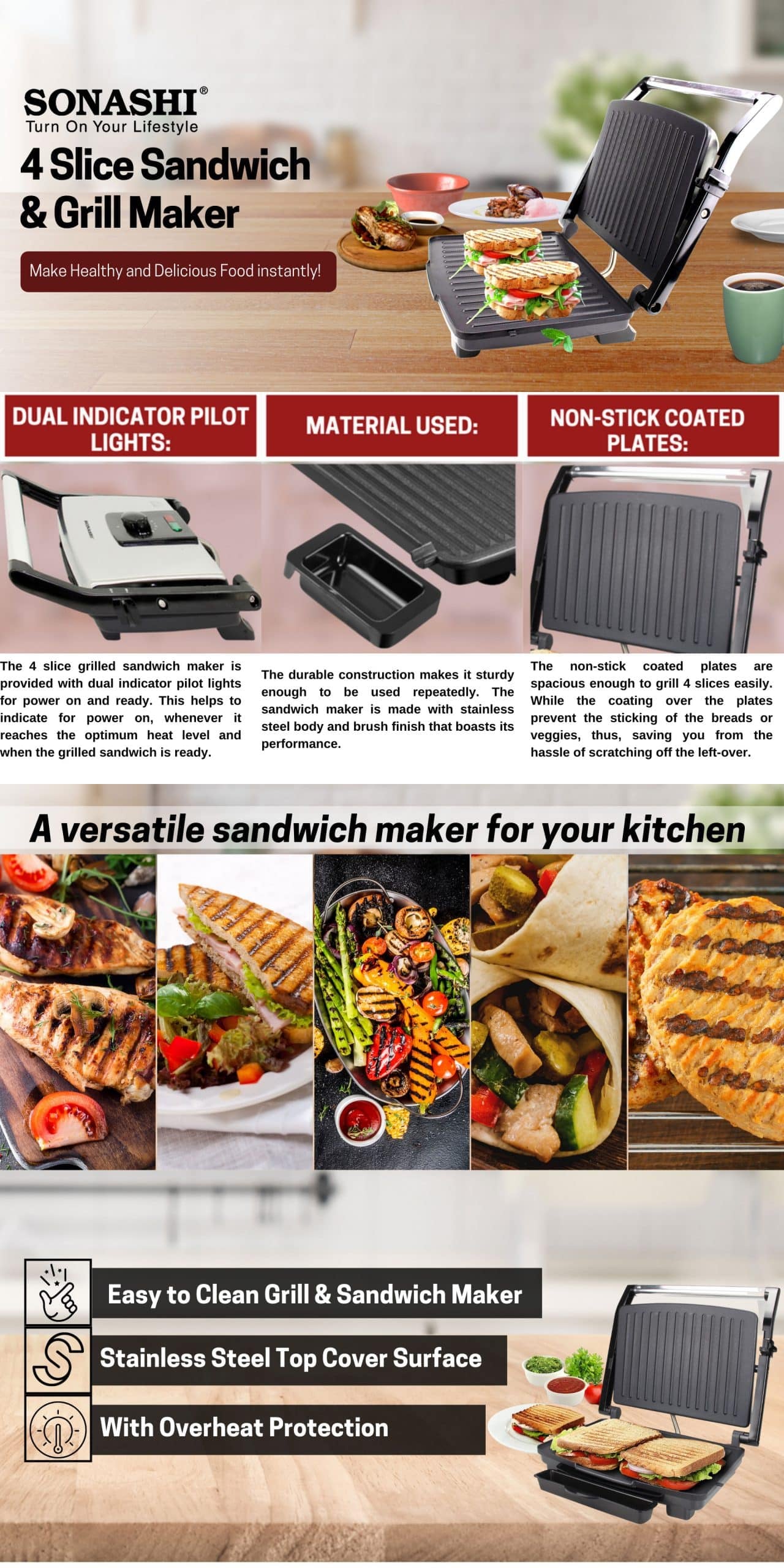 Sonashi 4 Slice Contact Grill Maker SGT-854 brochure