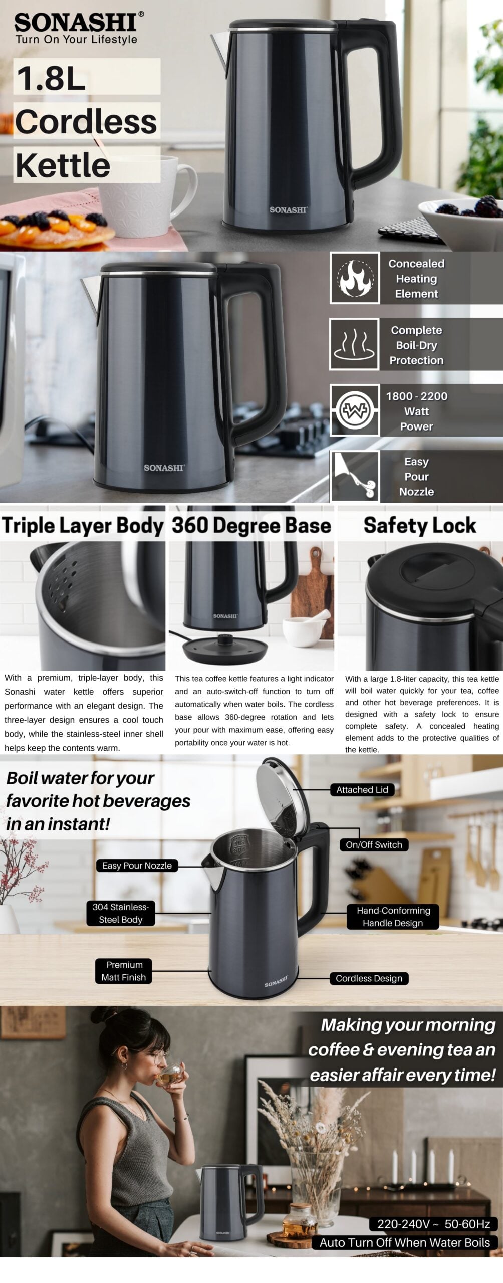Sonashi 1.8 Litres Cordless Kettle SKT-1810 brochure
