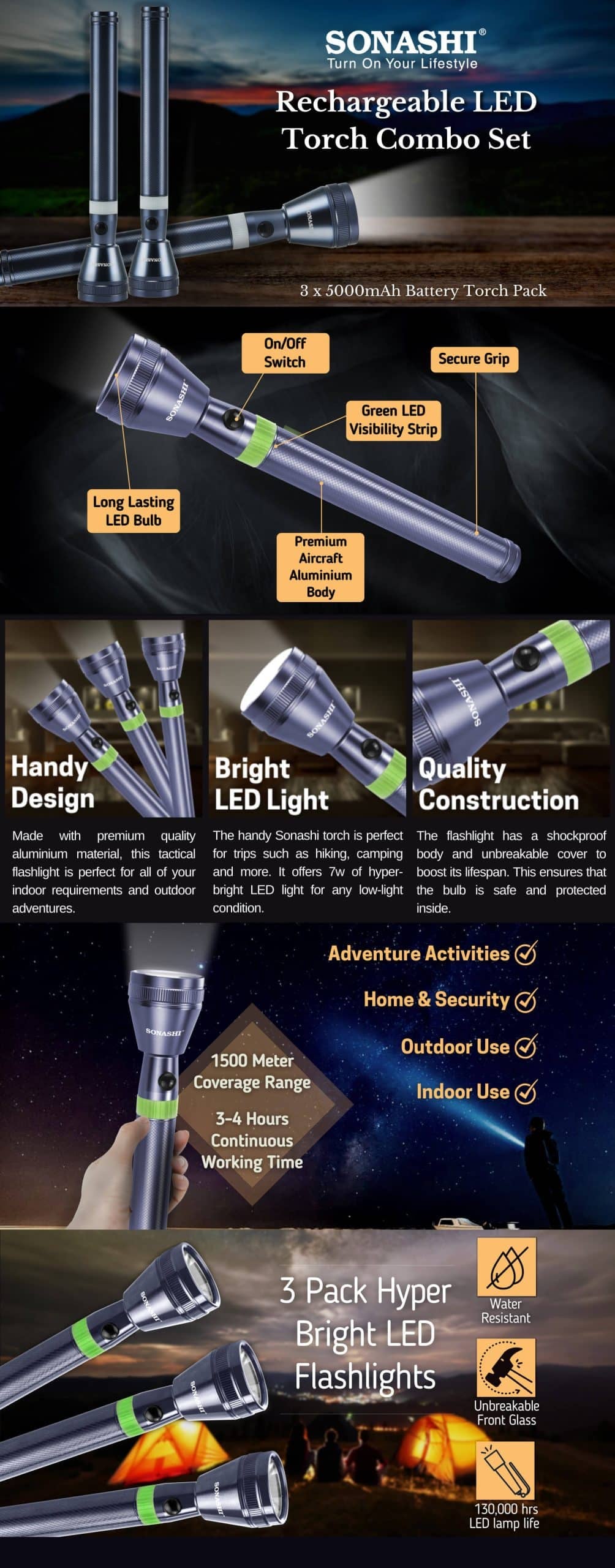 Sonashi 3PCS Combo Rechargeable LED Torch SLT-3311N brochure