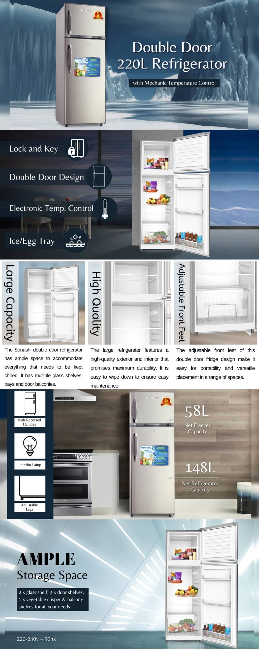 Sonashi Double Door 220L Refrigerator SFD-260DF brochure