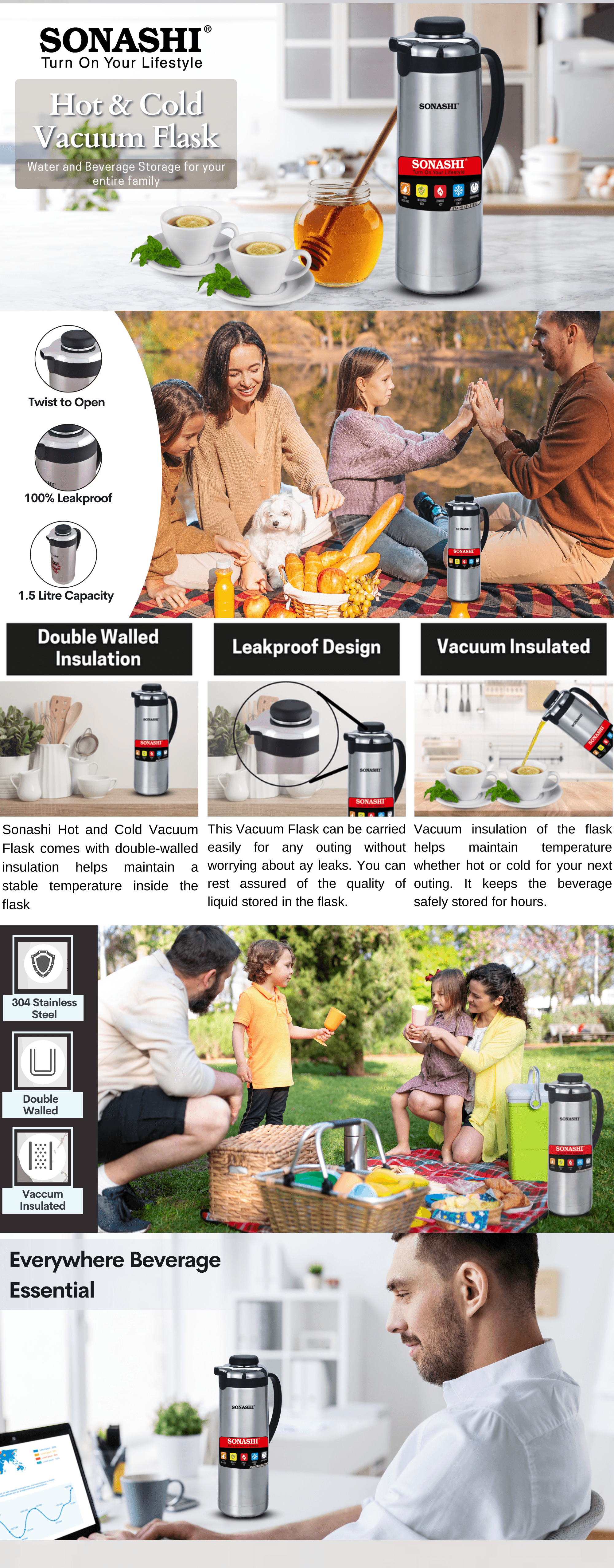 Sonashi Stainless Steel Hot And Cold Vacuum Flask SVF-1500 Silver/Black 1.5Liters brochure