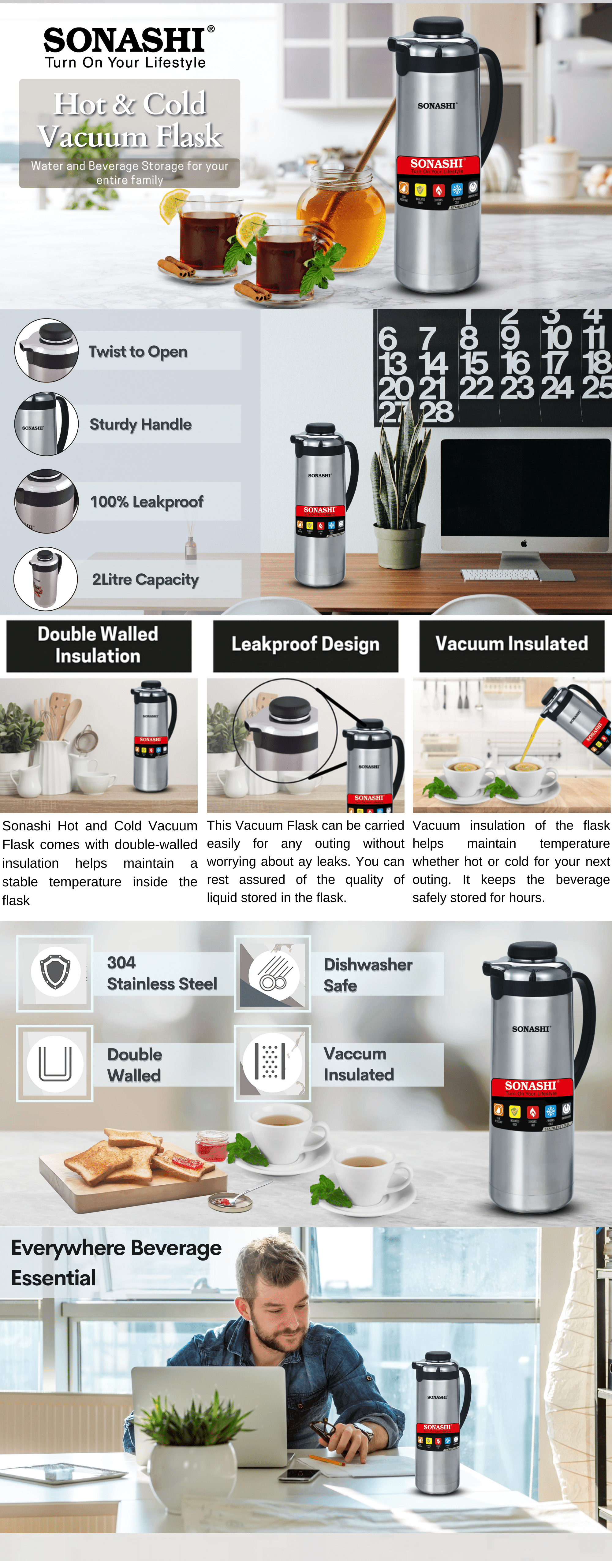 Sonashi Hot And Cold Vacuum Flask SVF-2000 Silver/Black 2.0 Liters brochure