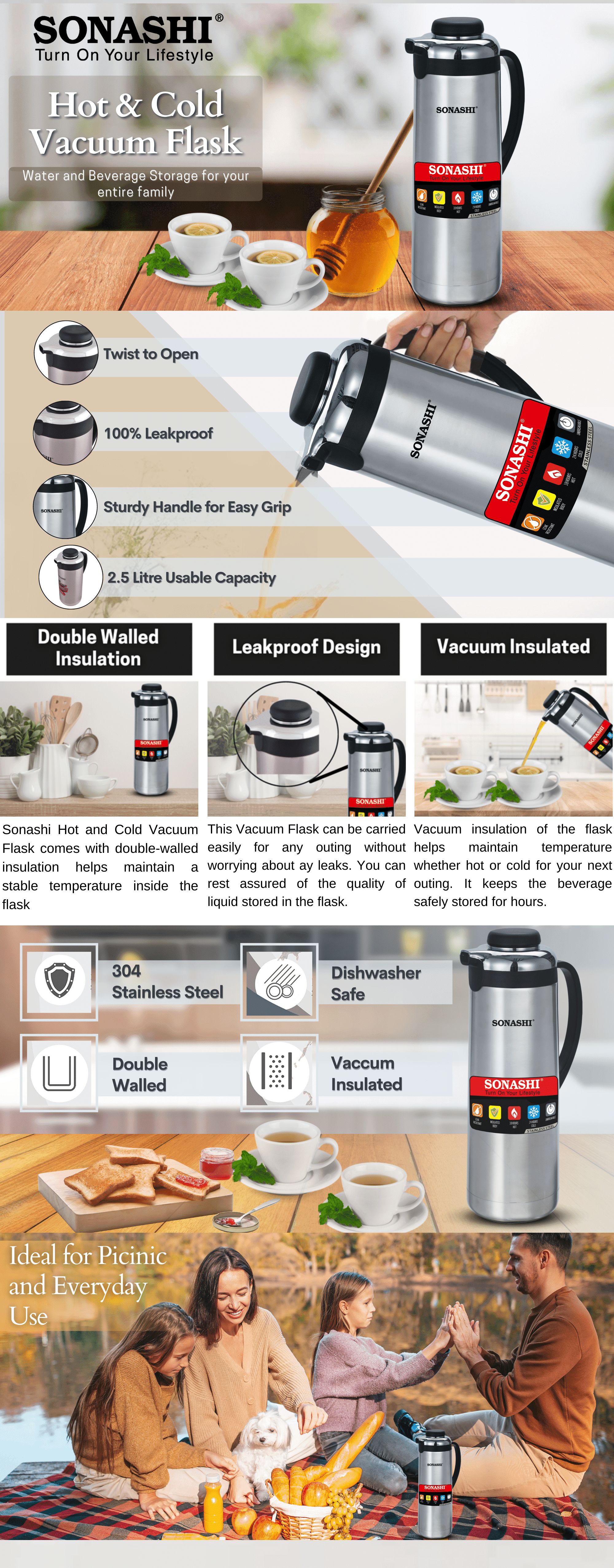 Sonashi Hot And Cold Vacuum Flask SVF-2500 Silver/Black 2.5 Liters brochure
