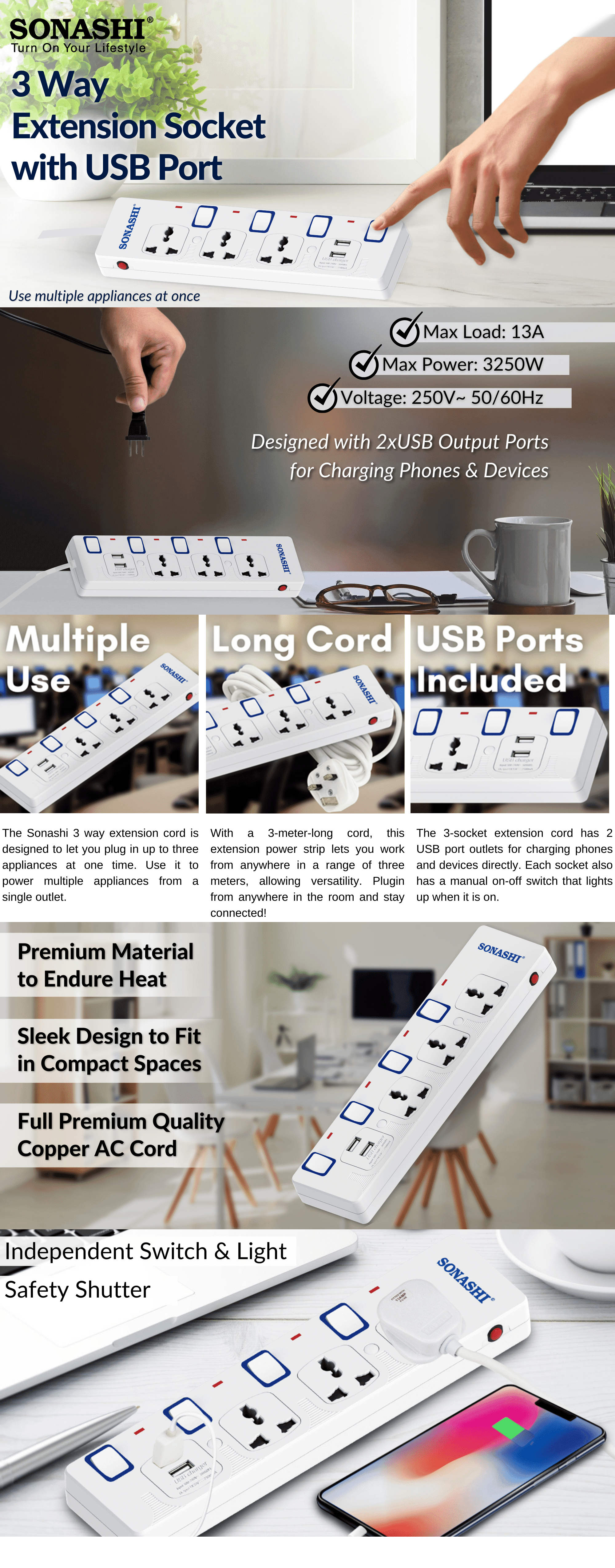 Sonashi 3Way Universal Extension Socket with USB Port SES-904U brochure