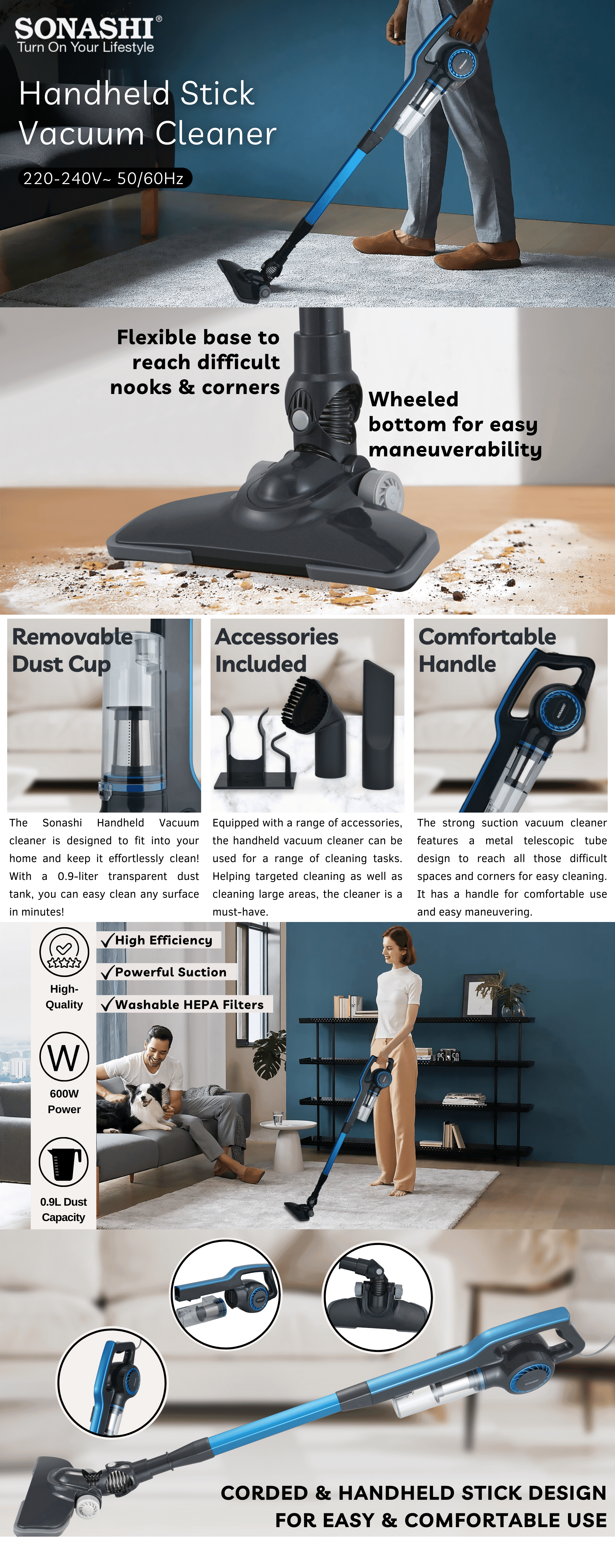 Sonashi Handheld Stick Vacuum Cleaner 0.9 L 600 W SVC-9032 Blue brochure