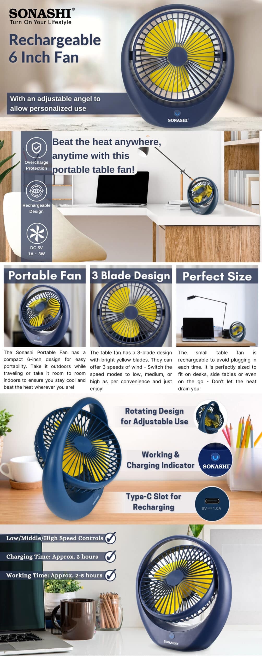 Sonashi 6 Inch Rechargeable Fan SRF-106 Blue brochure