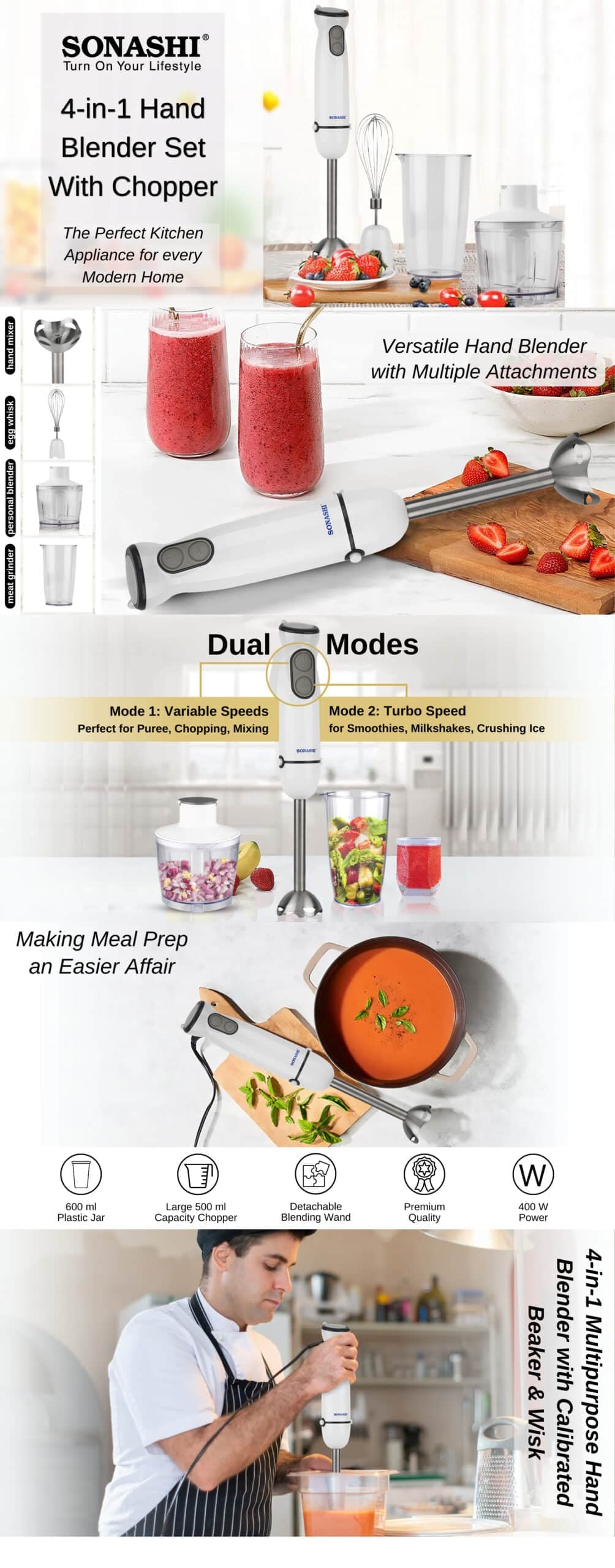 Sonashi 4-In-1 Hand Blender Set With Chopper/Calibrated Beaker And Wisk 600 ml 400 W SHB-184JCW White brochure