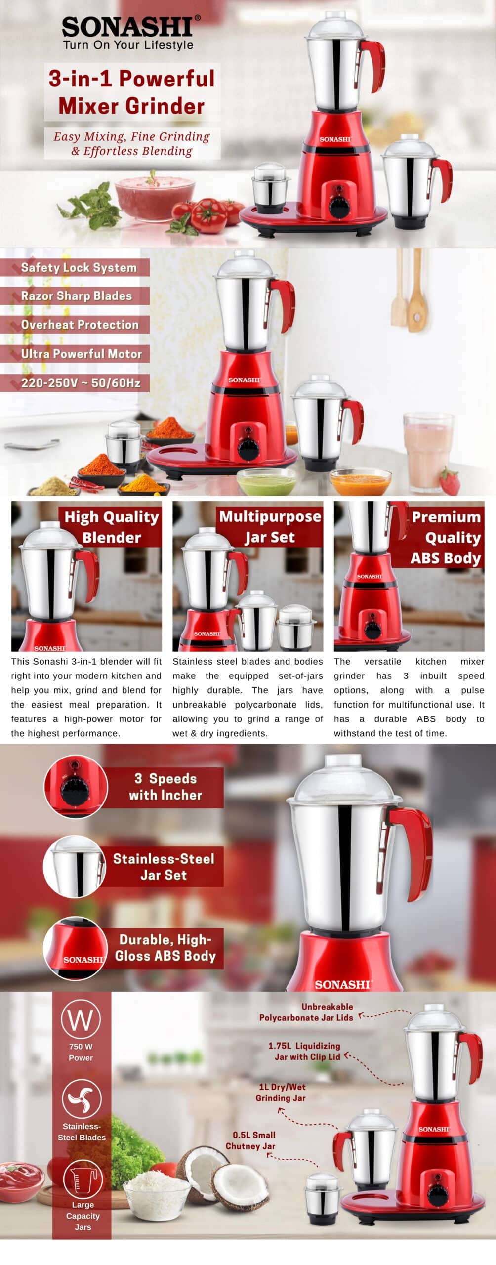 Sonashi 3 In 1 Mixer Grinder 750 W SB-193 Red brochure