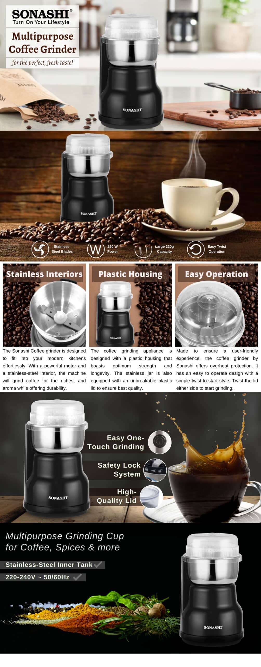 Sonashi Electric Coffee/Spice Grinder 0.22 L 250 W SCG-4007 Black/Silver brochure