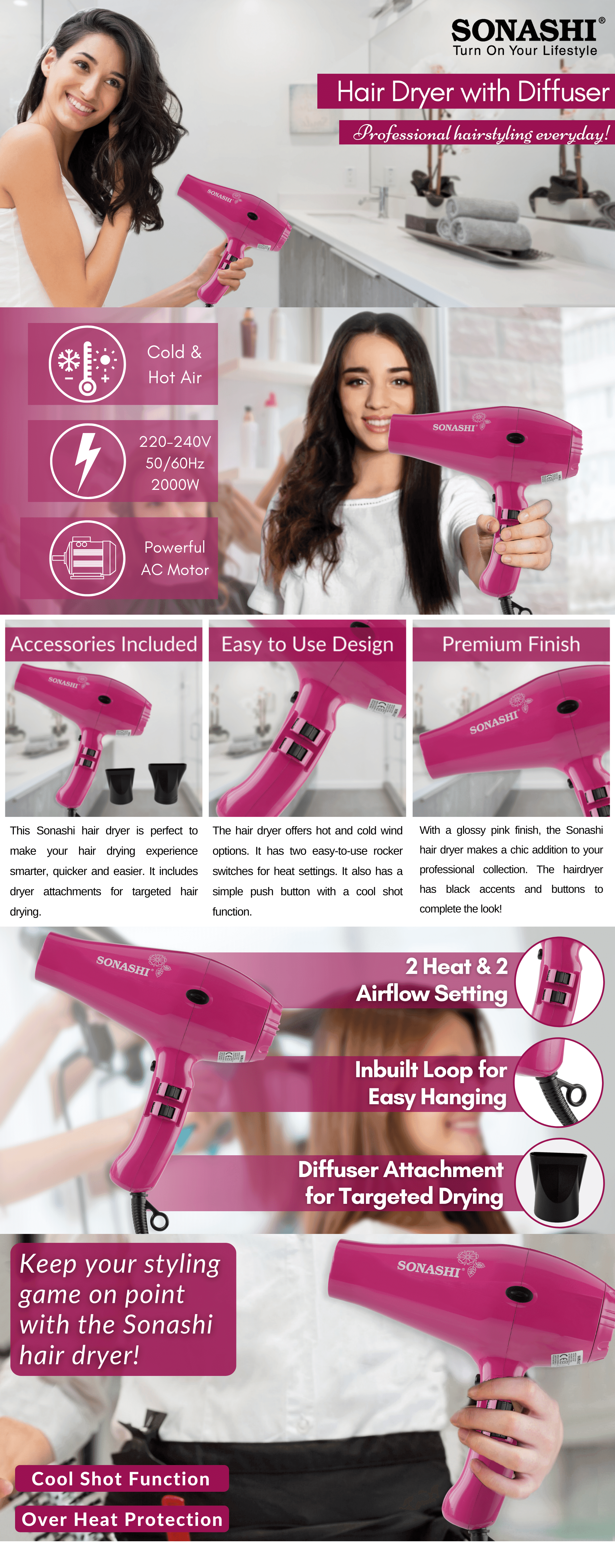 Sonashi Professional Hair Dryer 2000W SHD-3031 Pink brochure