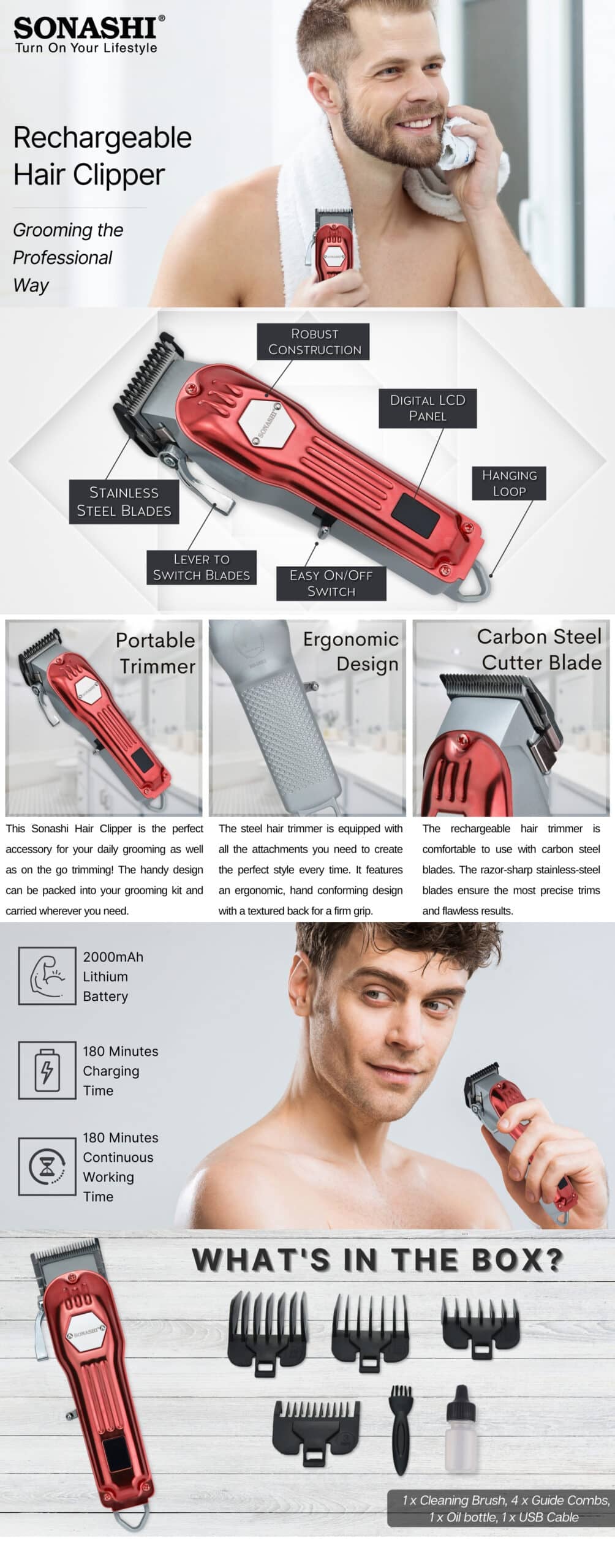 Sonashi Professional Cordless Hair Clipper with Hair Trimming & Grooming Kit SHC-1061 brochure