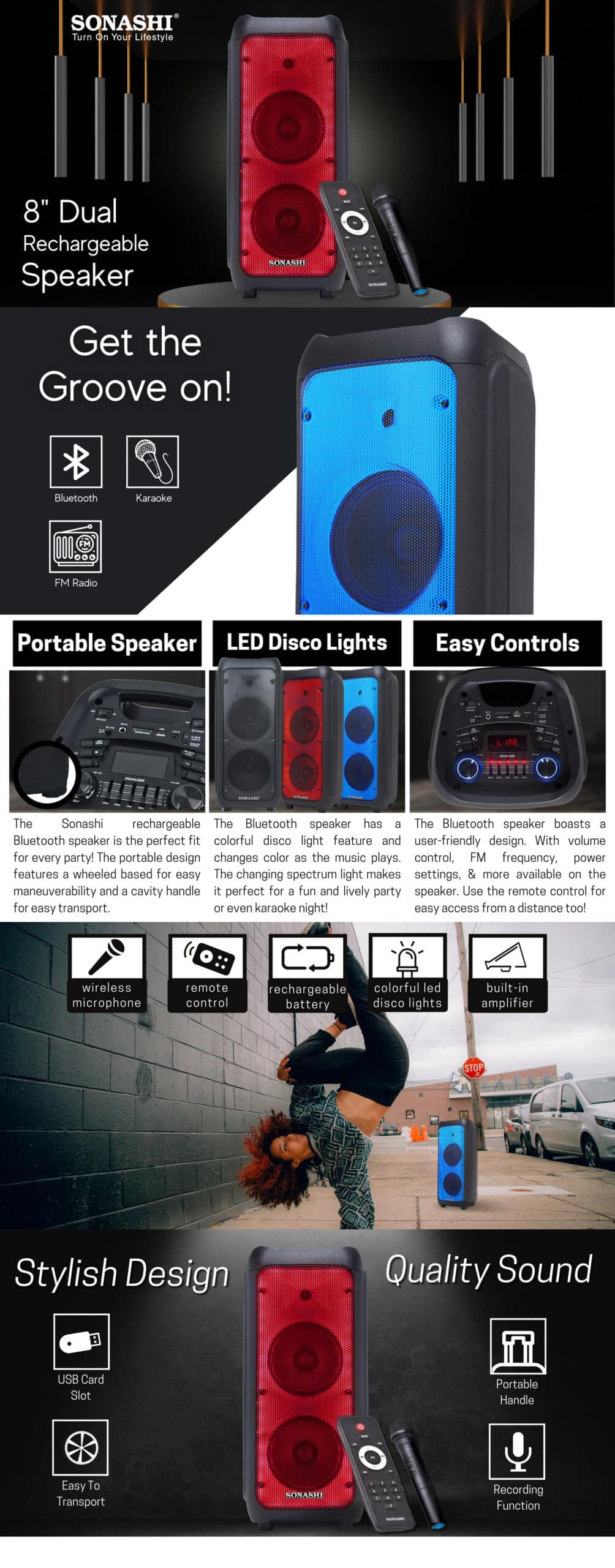 Sonashi Dual 8-Inch Rechargeable Bluetooth Speaker SPS-8018RT brochure