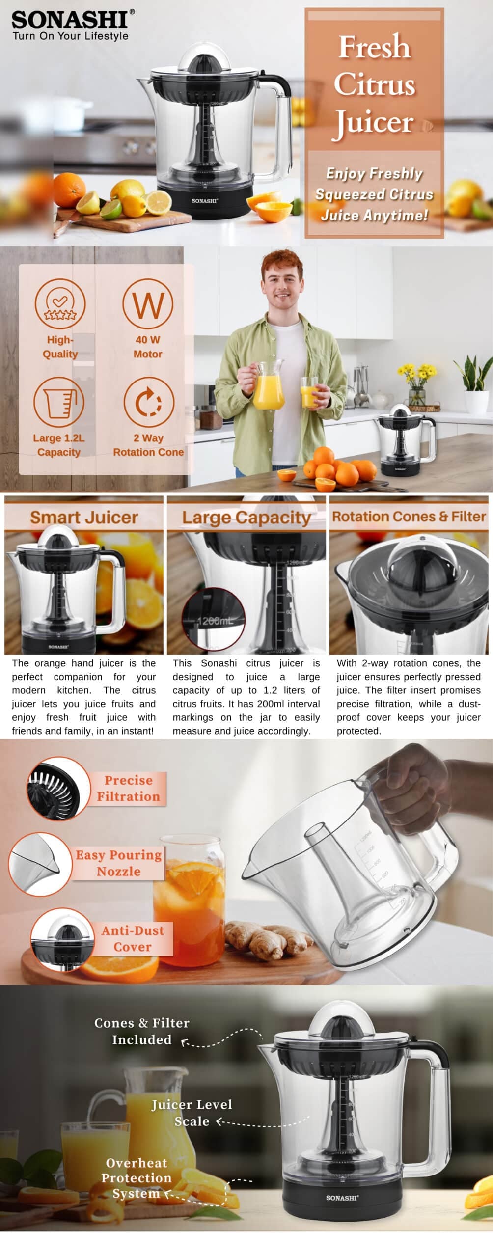 Sonashi Citrus Juicer 1.2 L 40W SCJ-324 Black brochure