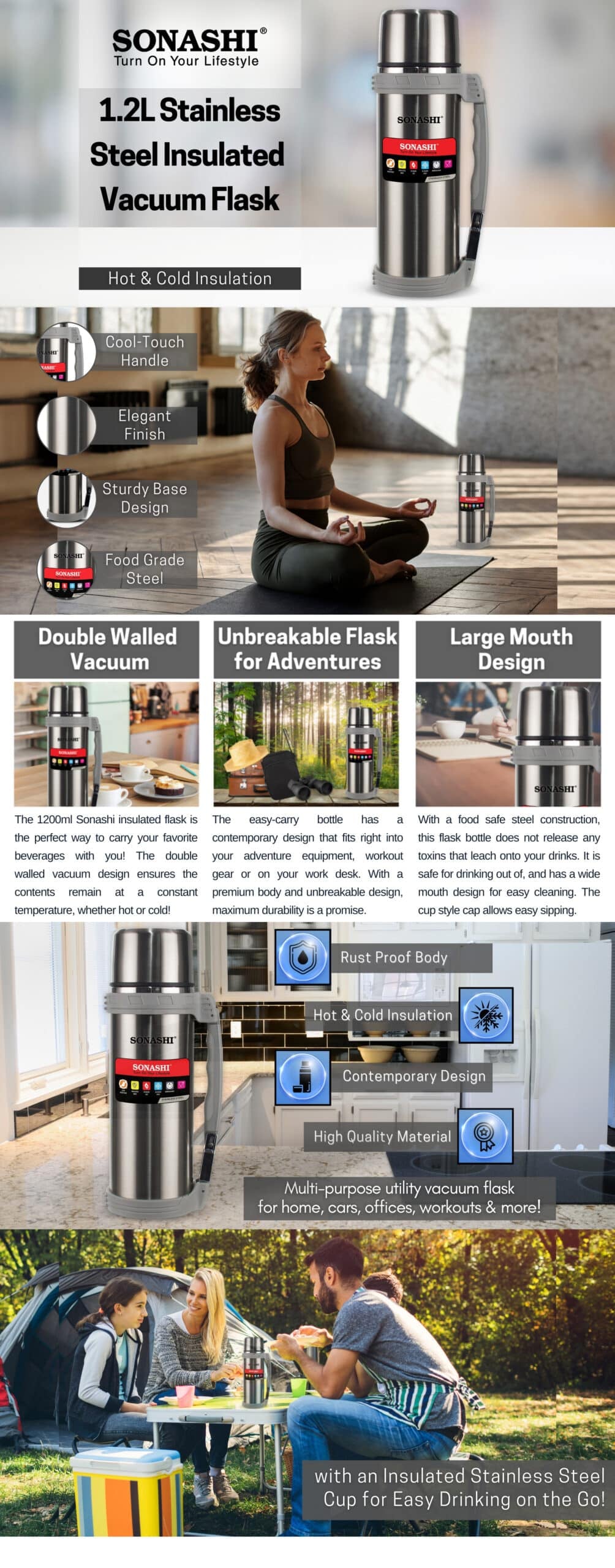Sonashi Hot And Cold 1.2 L Vacuum Flask SVF-1200 Silver brochure