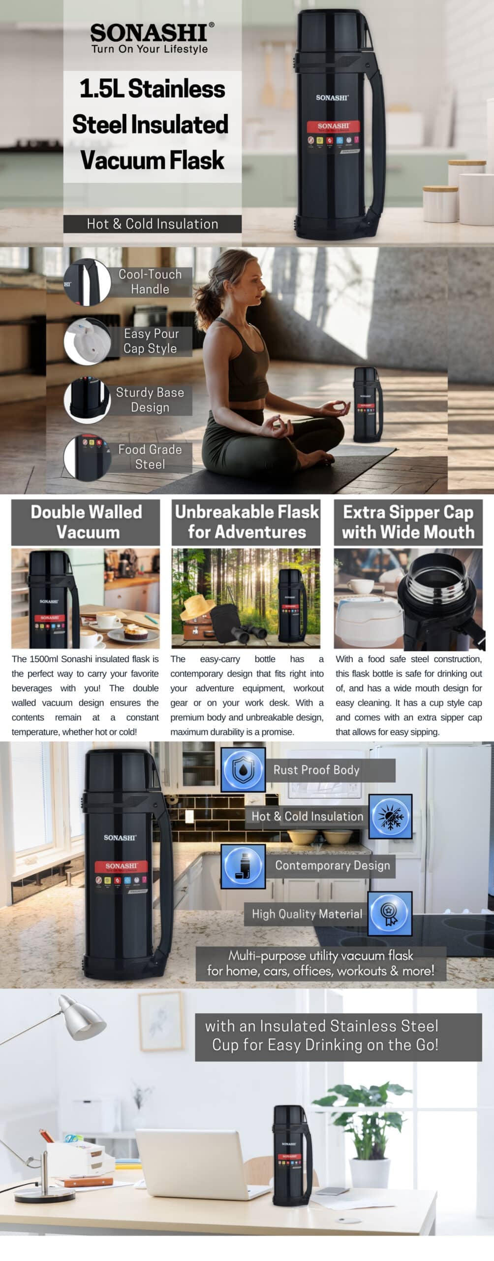 Sonashi Hot And Cold 1.5 L Vacuum Flask SVF-1501 Black brochure