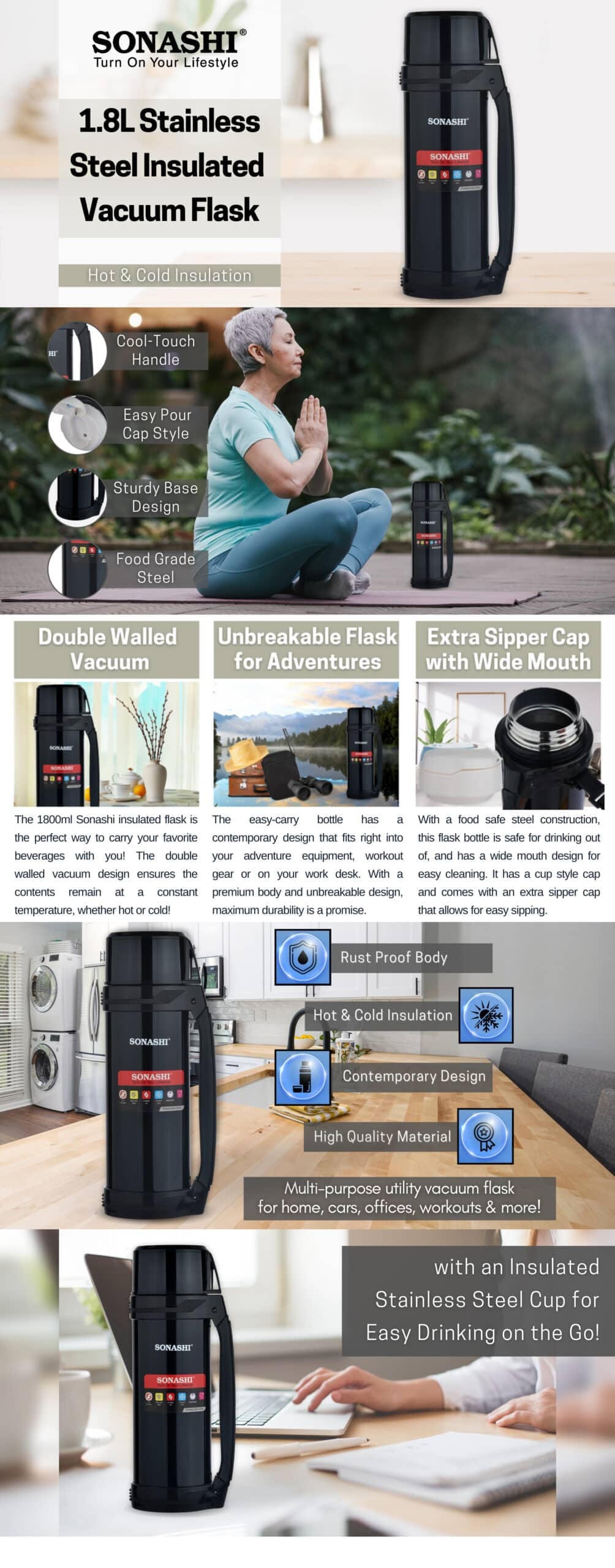 Sonashi Hot And Cold 1.8 L Vacuum Flask SVF-1800 Black brochure