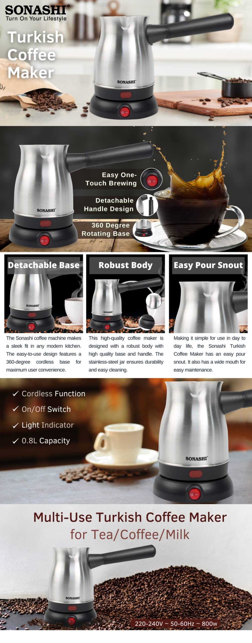 Sonashi Turkish Coffee Maker 0.8L 800W STCM-4972 Silver/Black brochure