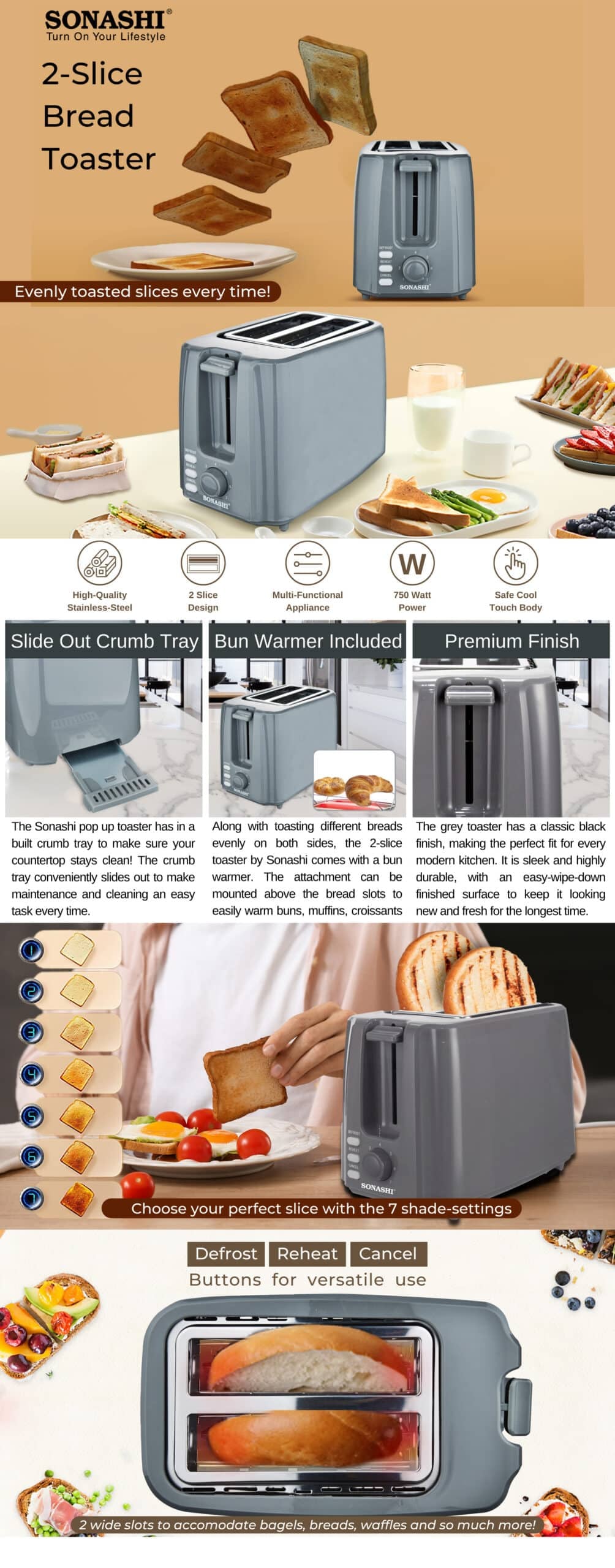 Sonashi 2-Slice Bread Toaster 750W ST-210 Grey brochure