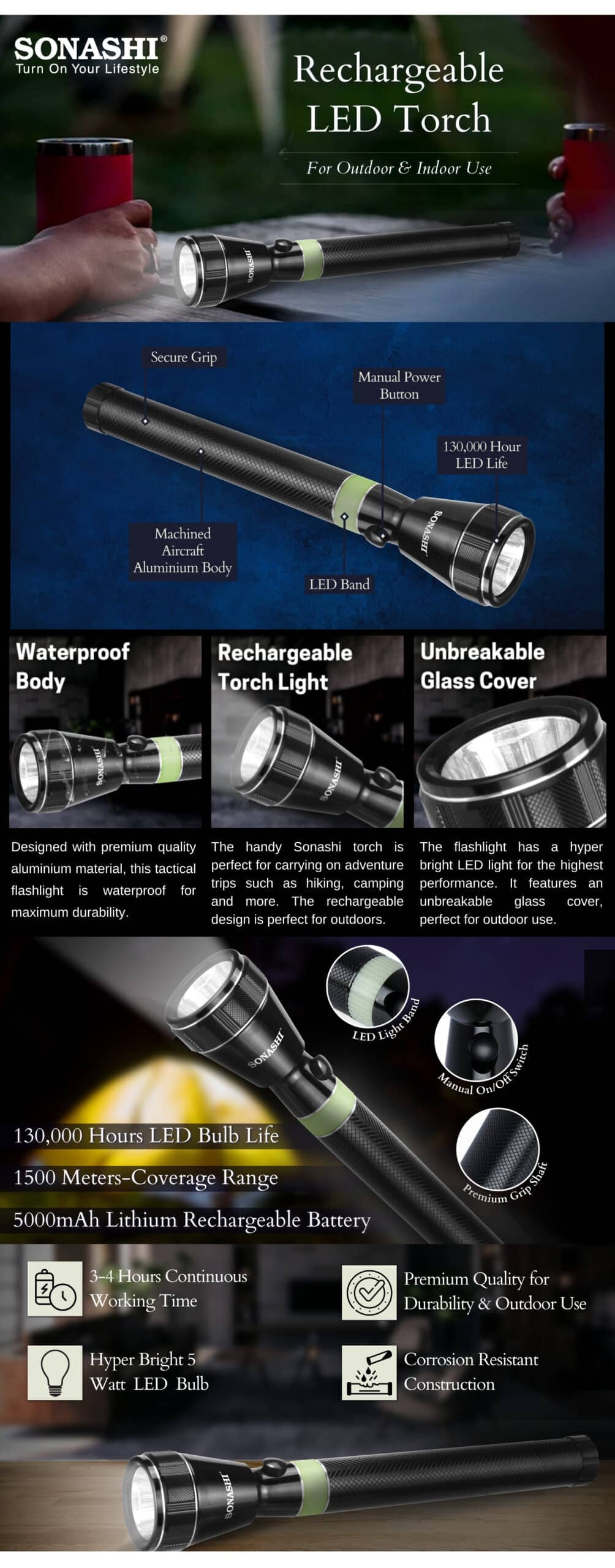 Sonashi Rechargeable LED Torch SLT-682 Black brochure