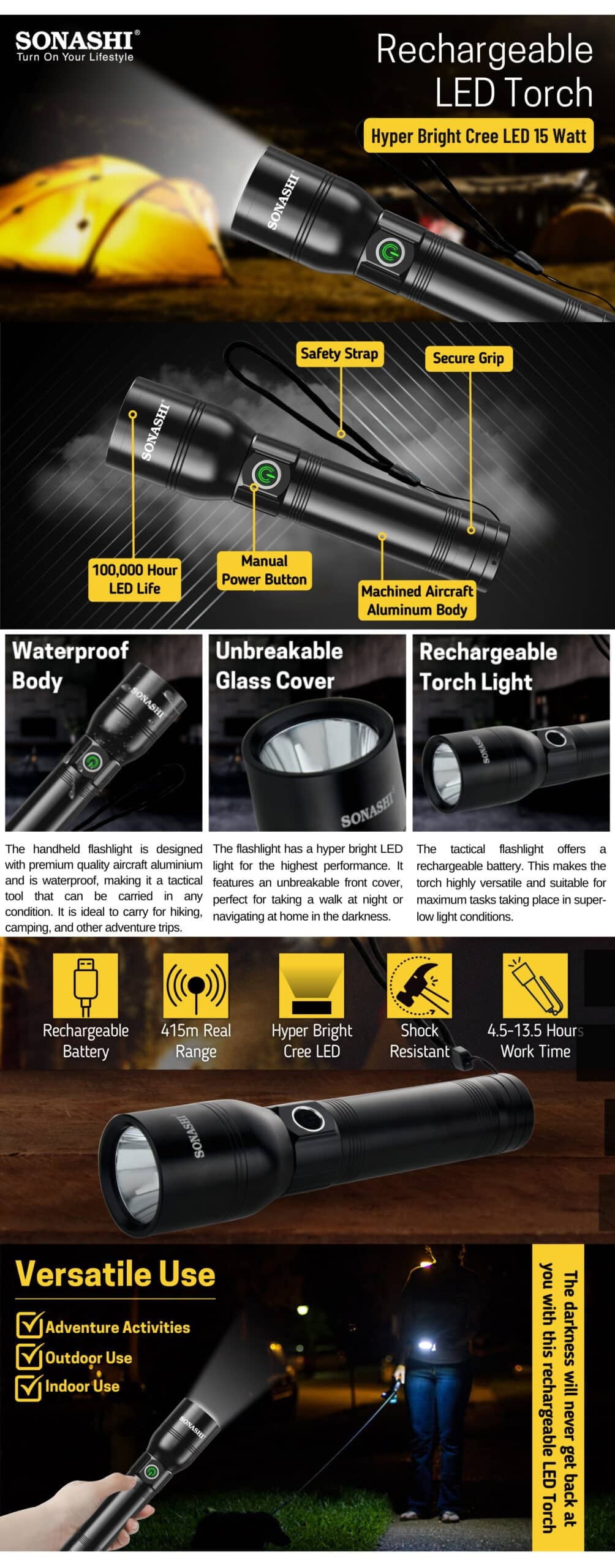 Sonashi Rechargeable LED Torch With Power Bank Function SLT-386 Black brochure