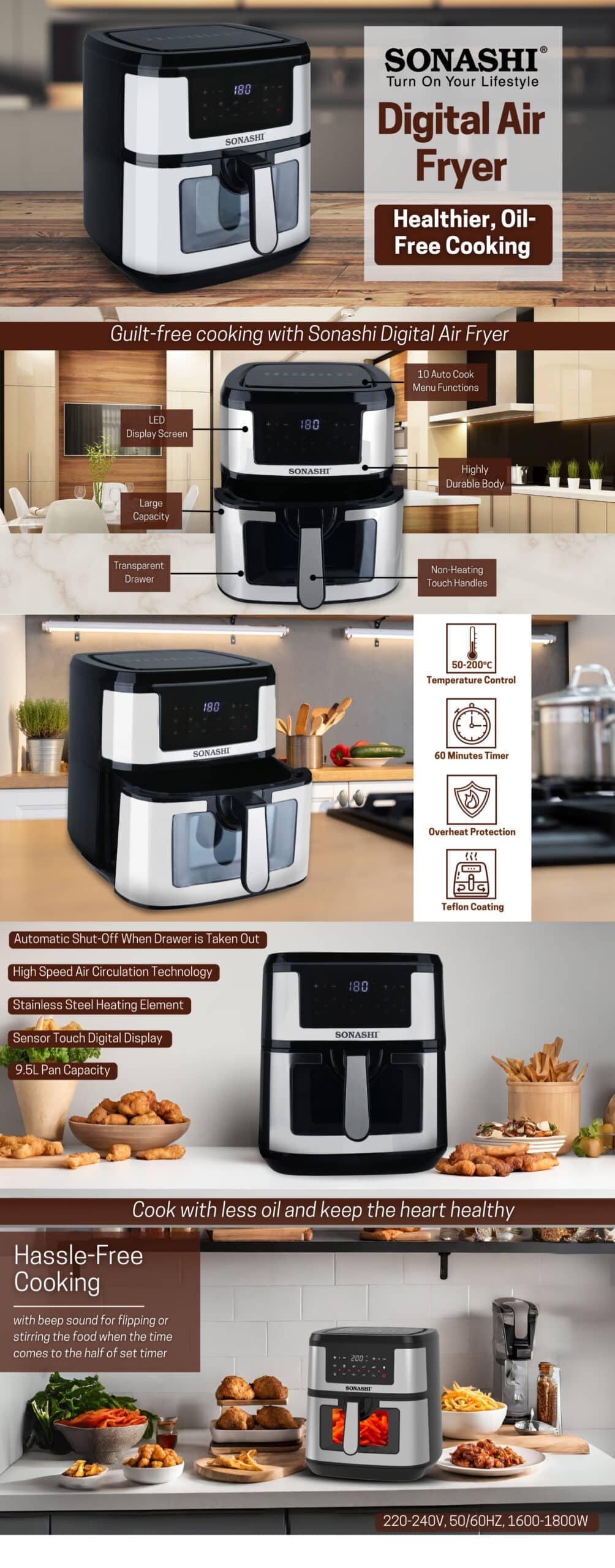 Sonashi Digital Air Fryer 9.5 L 1800 W SAF-950 Black/Silver brochure