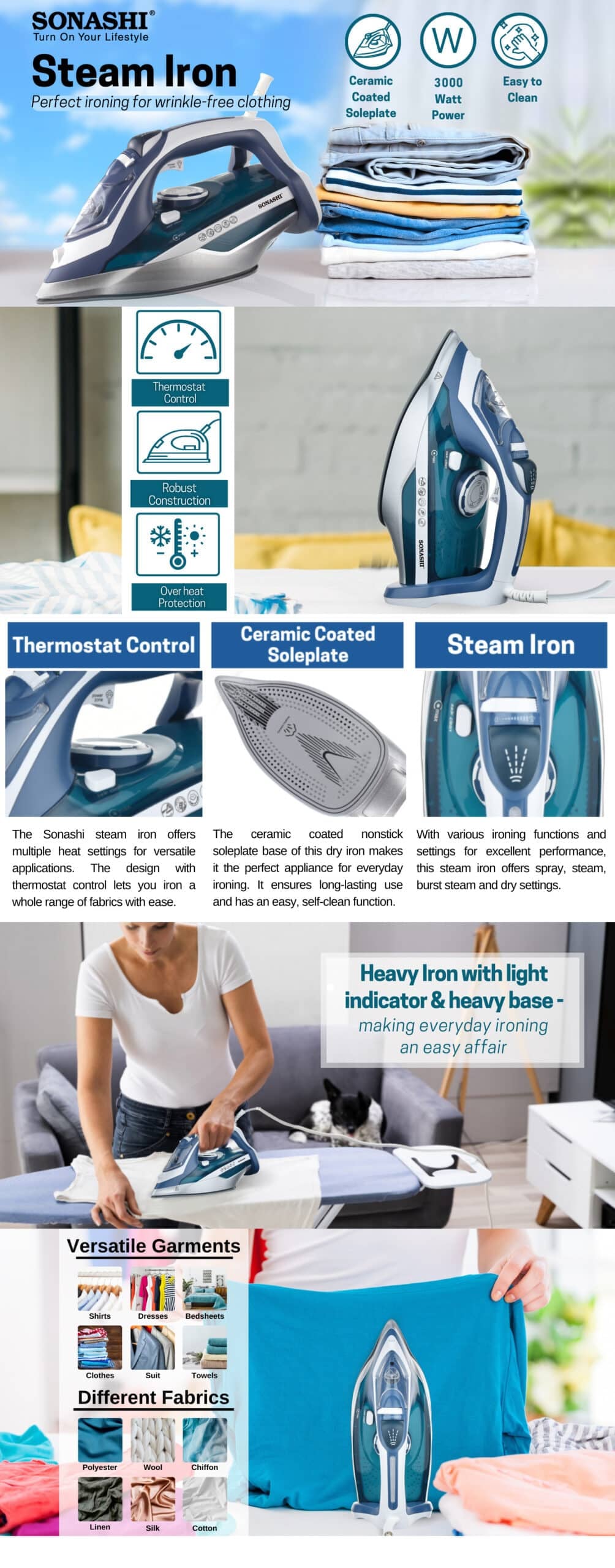 Sonashi Steam Iron 450 ml 3000 W SI-5082C Blue/Silver brochure