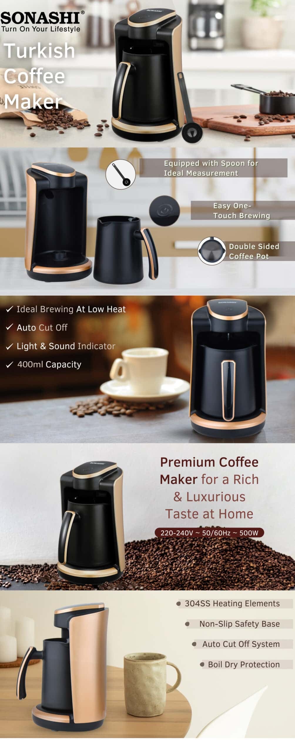 Sonashi Turkish Coffee Maker 400 ml 500 W STCM-4973 Black/Gold brochure