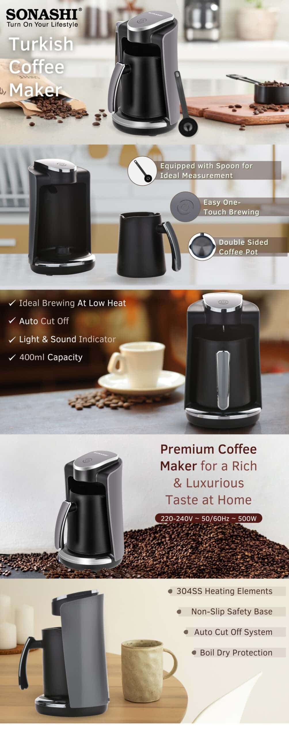 Sonashi Turkish Coffee Maker 400 ml 500 W STCM-4973 Black/Silver brochure