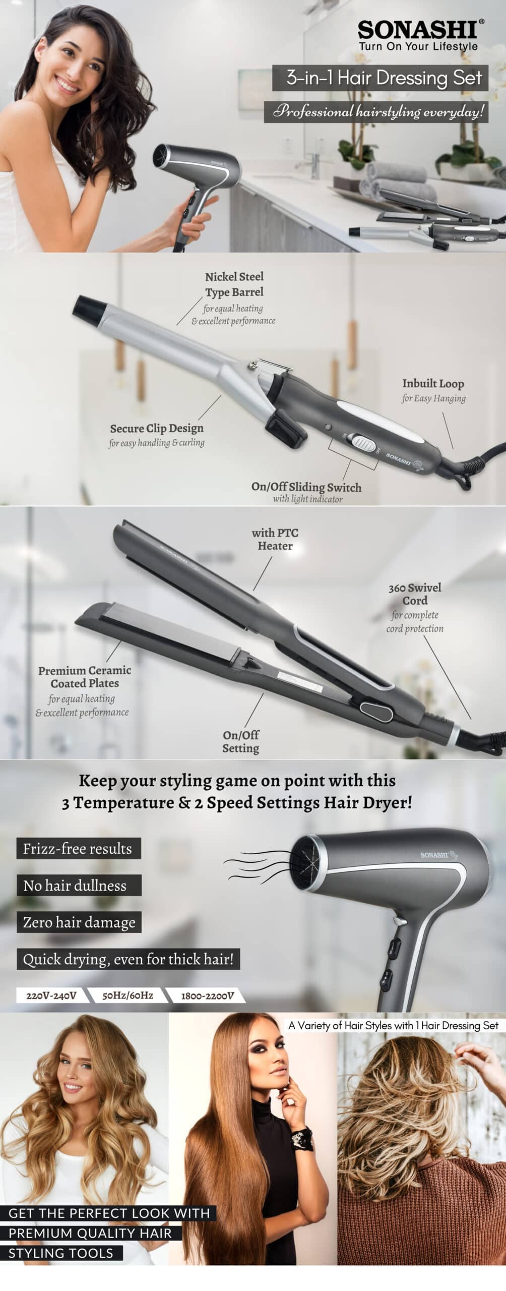 Sonashi 3 in 1 Hair Dressing Combo Gift Set SBS-800 Grey (Hair Dryer, Hair Straightener & Hair Curler Bundle) brochure