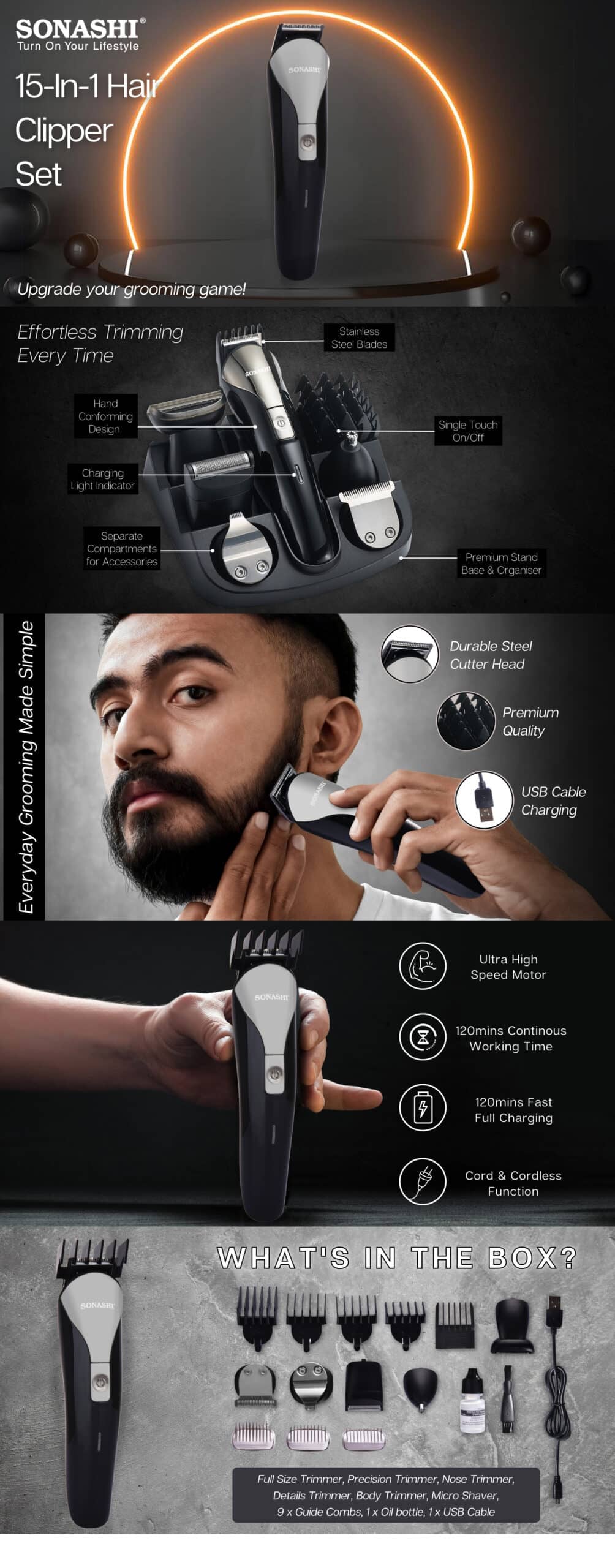 Sonashi 15-in-1 Rechargeable Hair Clipper SHC-1027N brochure