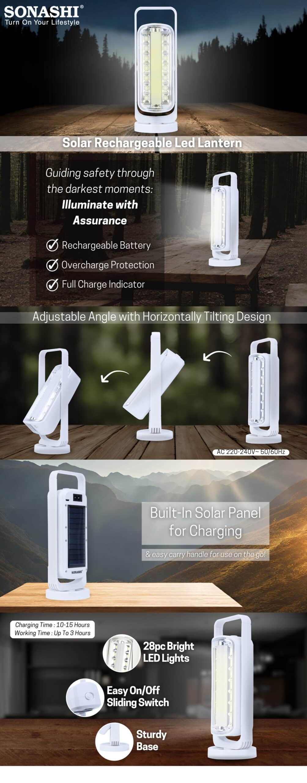 Sonashi Solar Rechargeable LED Lantern SEL-693NS White brochure