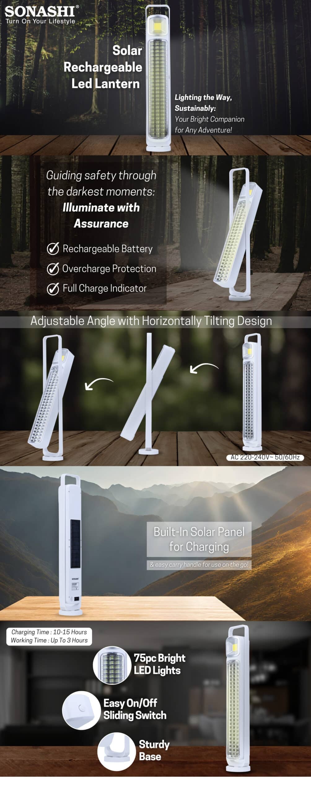 Sonashi Solar Rechargeable LED Lantern SEL-707NS White brochure