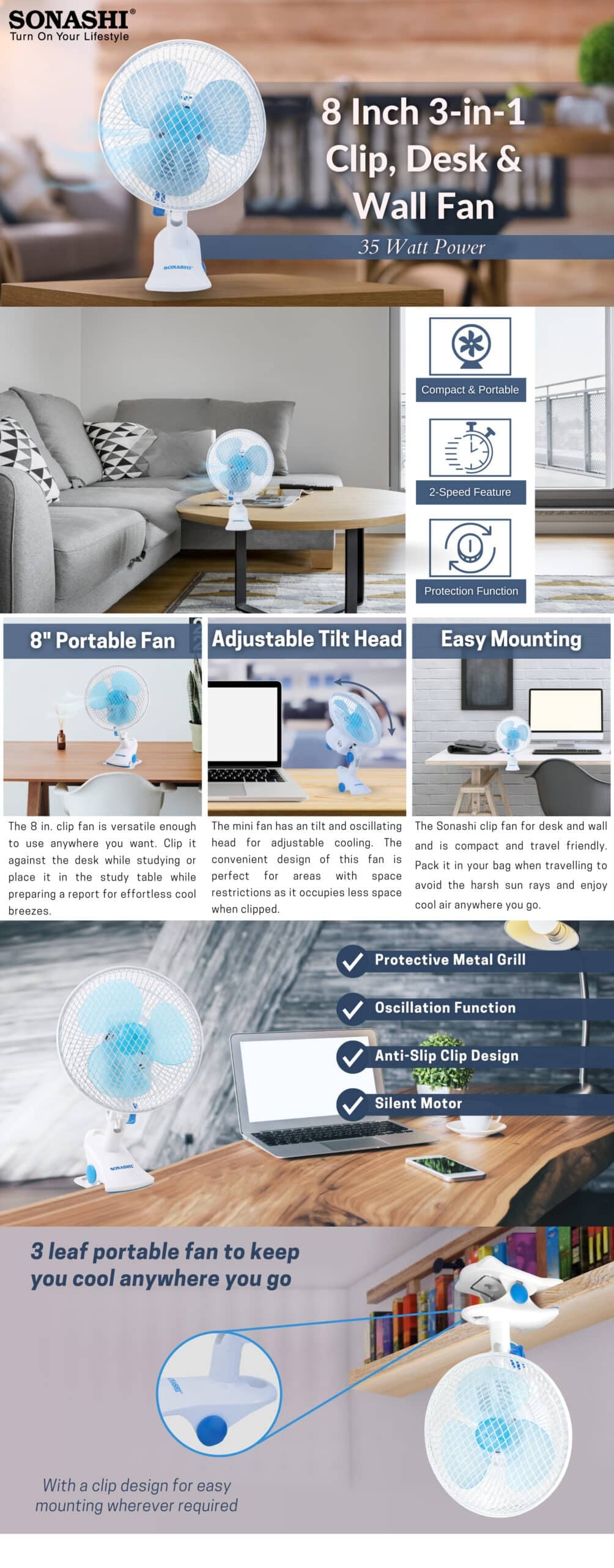 Sonashi 3-IN-1 CLIP, DESK & WALL FAN SF-8008N brochure